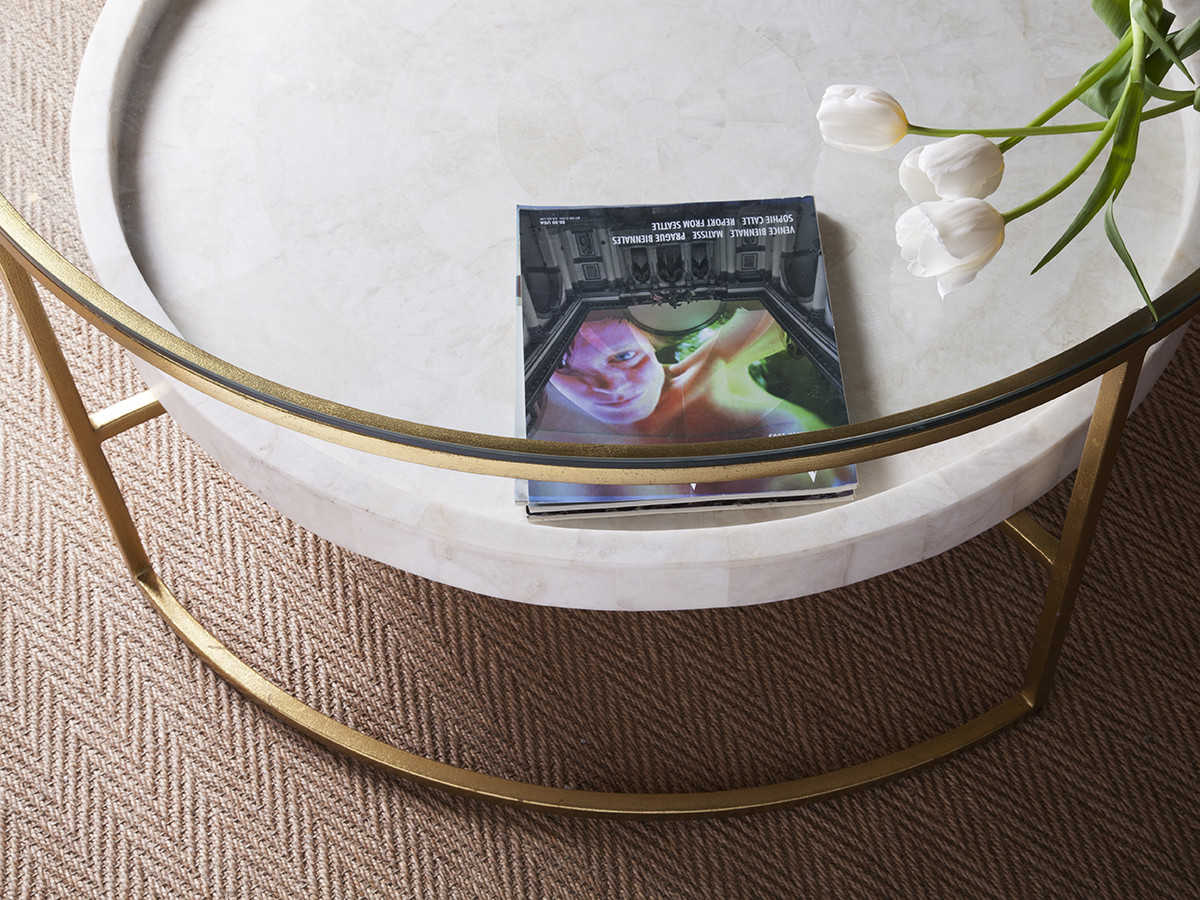 Artistica Cumulus Round Glass Gold Leaf With White Crystal Stone Cocktail Table