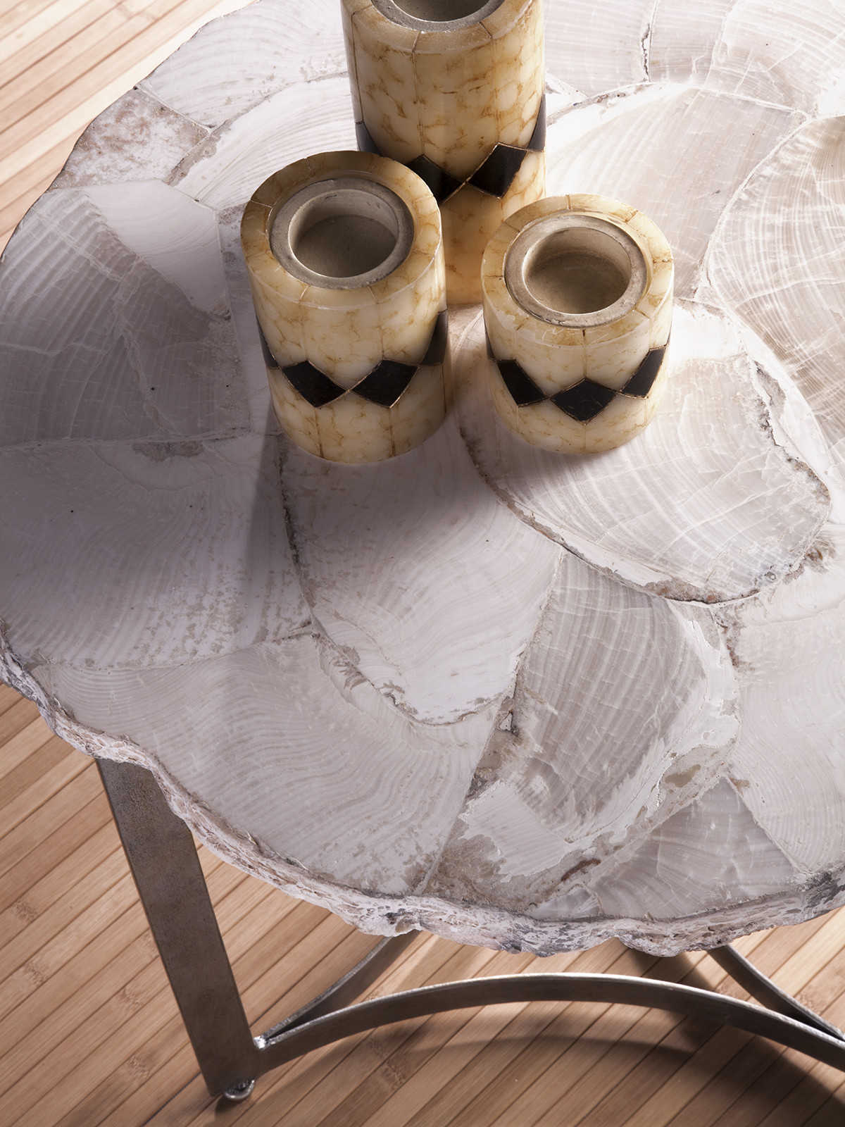 Artistica Gregory Round Fossilized White Clam Shell With Antique Iron End Table