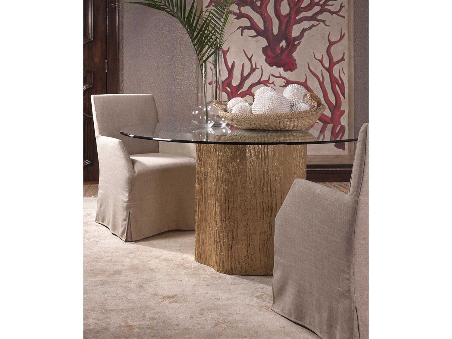 Artistica Trunk Segment Round Glass White Fossilized Shell With Gold Leaf Dining Table