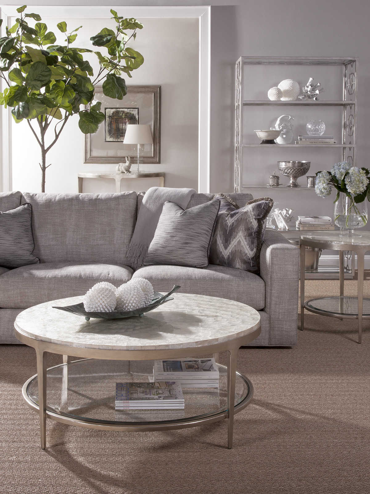 Artistica Gravitas Round White Capiz Shell With Champagne Cocktail Table