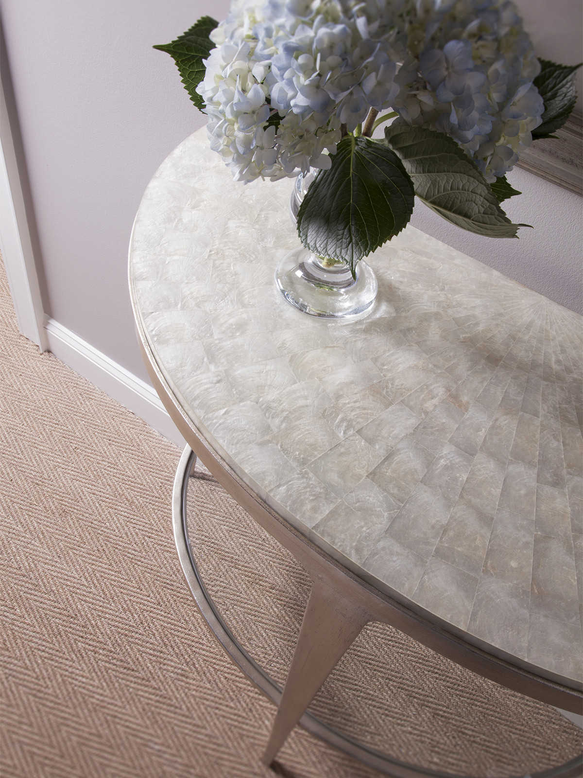 Artistica Gravitas Demilune White Capiz Shell With Champagne Console Table