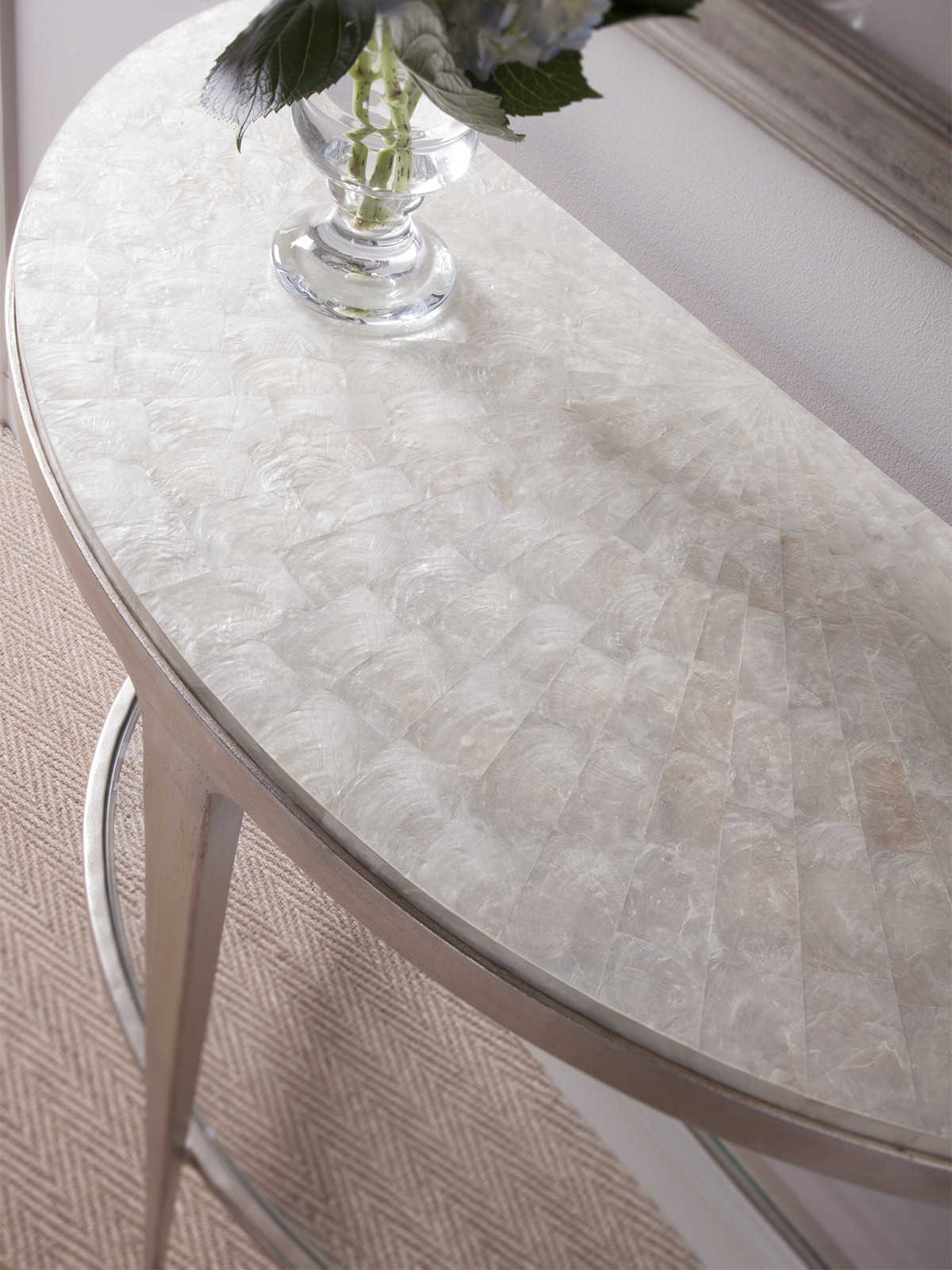 Artistica Gravitas Demilune White Capiz Shell With Champagne Console Table