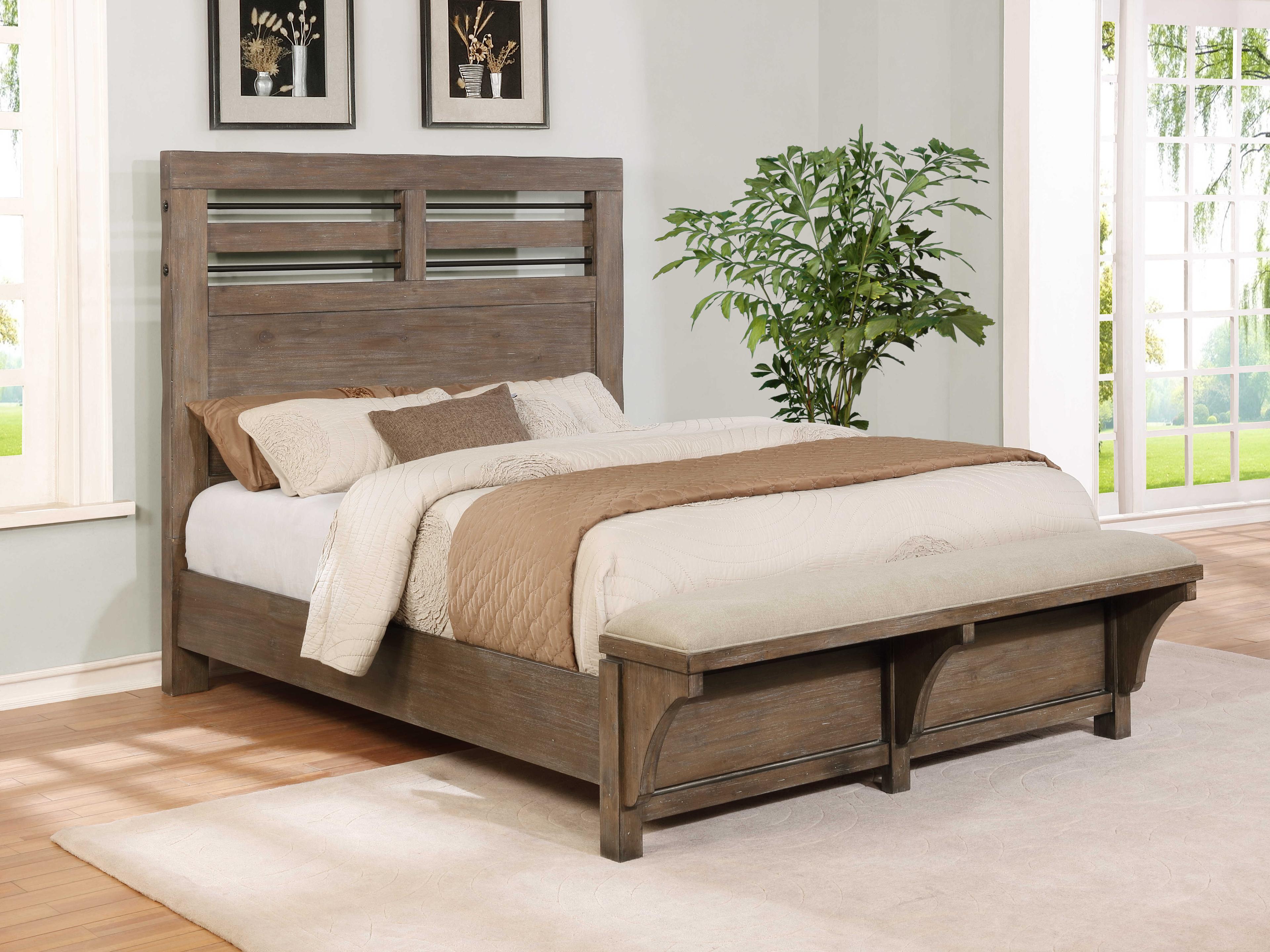 Avalon Furniture Brushed Acacia Brown Wood Queen Panel Bed with Bench