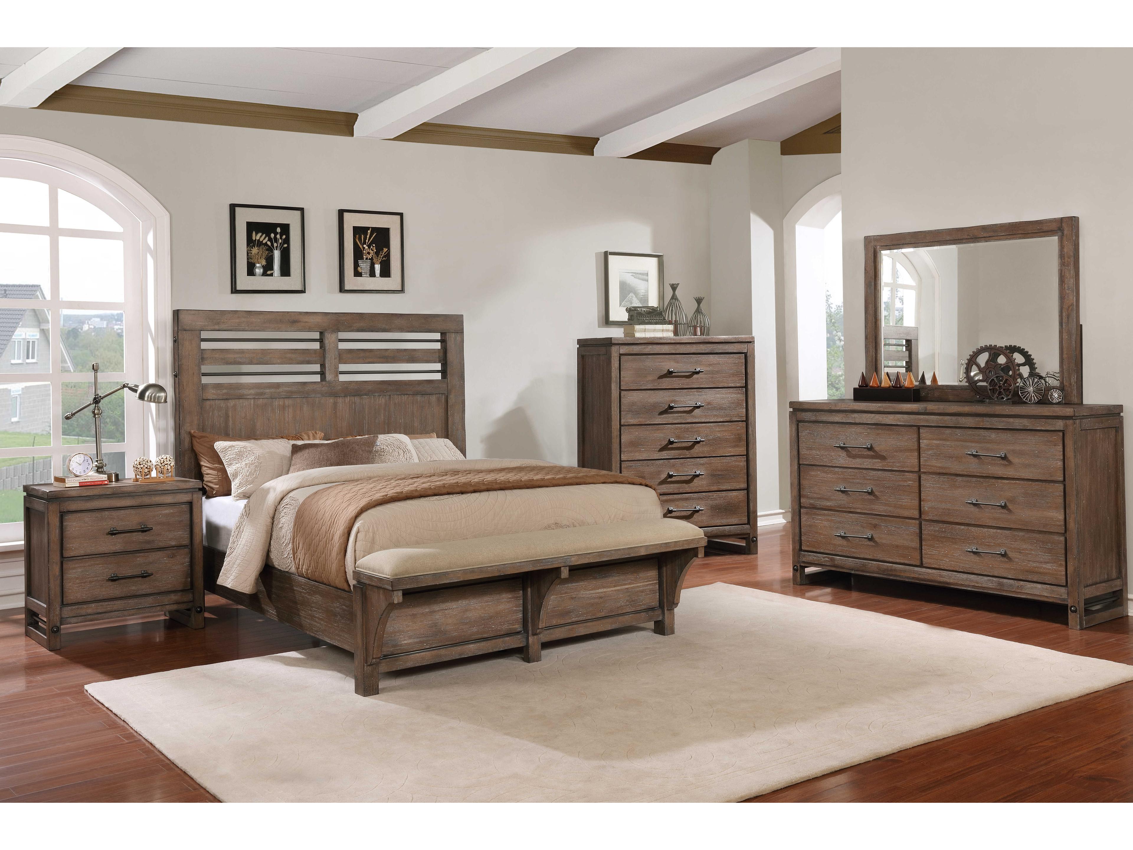 Avalon Furniture Brushed Acacia Brown Wood Queen Panel Bed with Bench