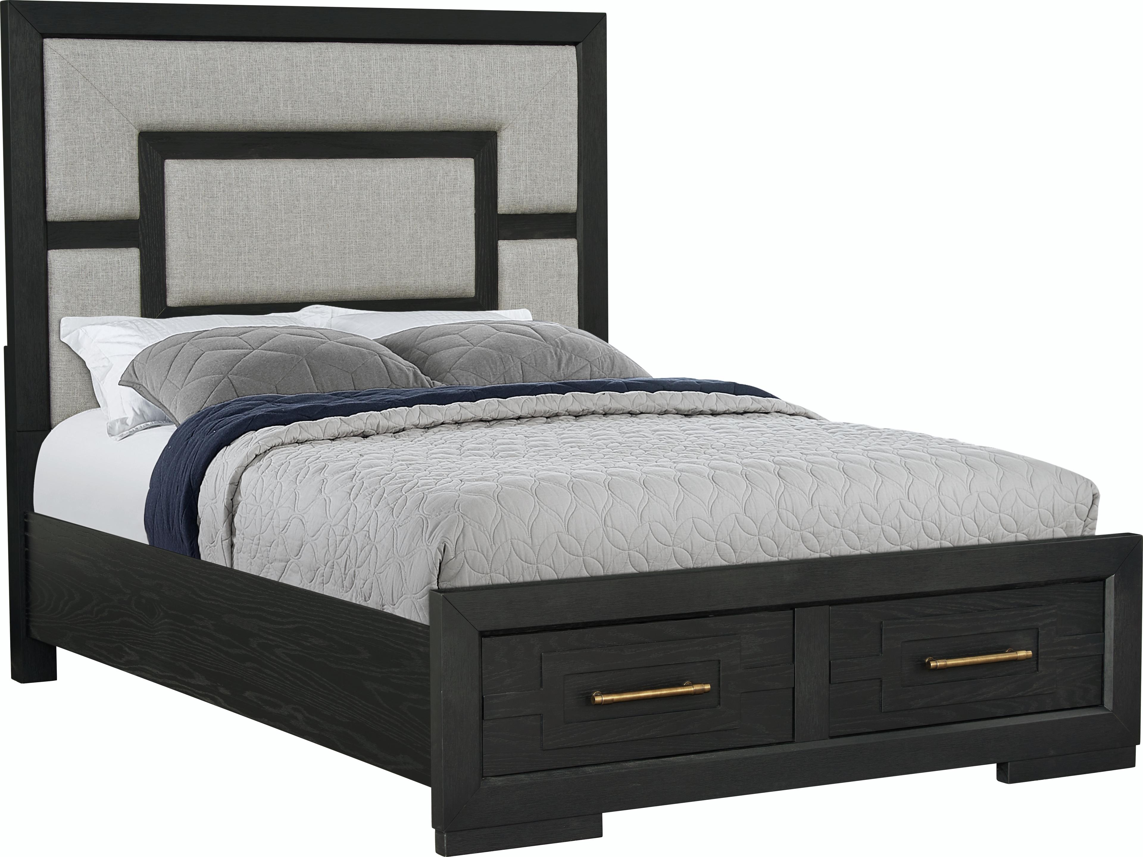 Avalon Furniture Brushed Charcoal Black Oak Wood Upholstered Queen Panel Bed