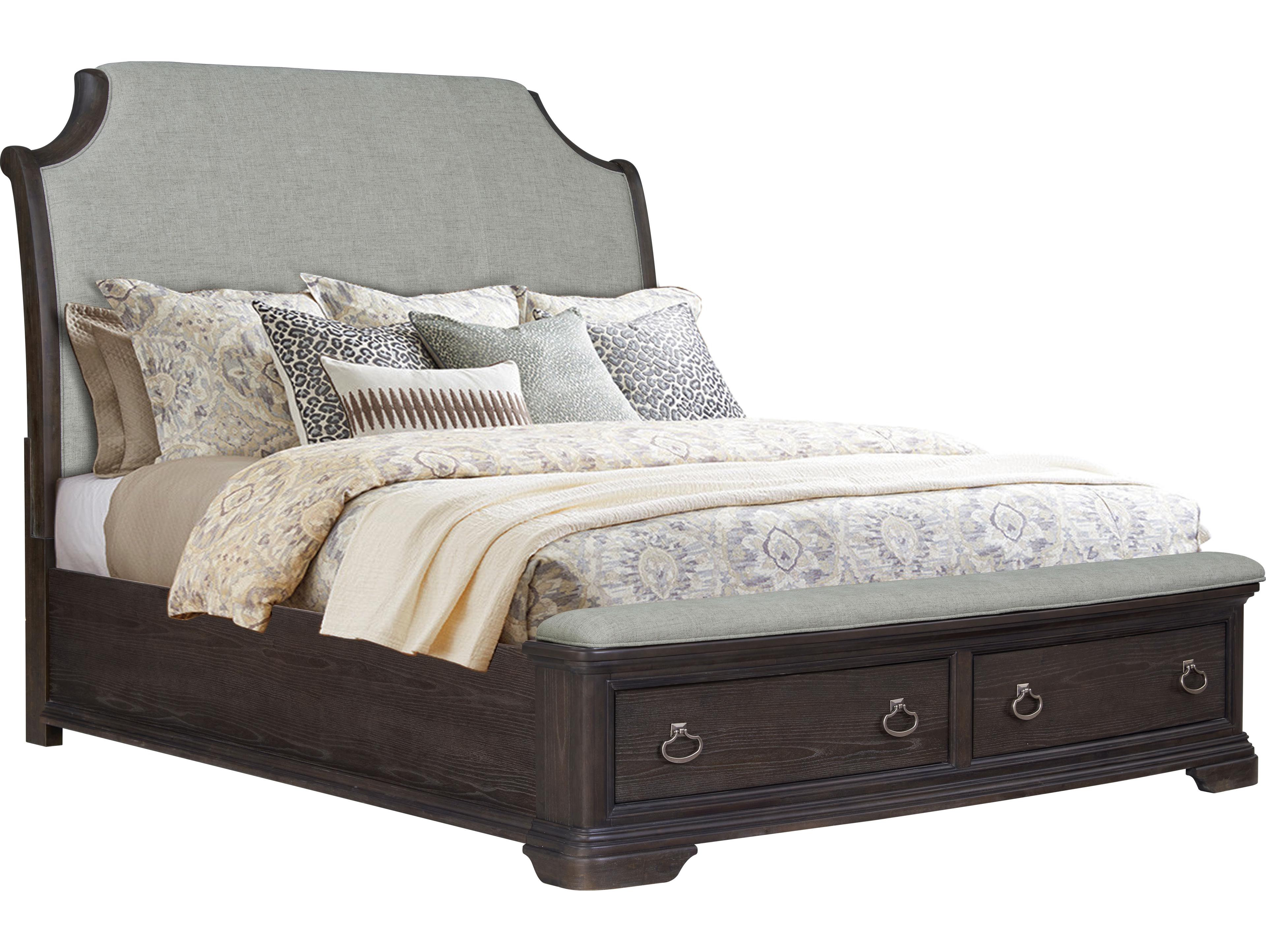 Avalon Furniture Dark Acacia Brown Wood Upholstered King Sleigh Bed