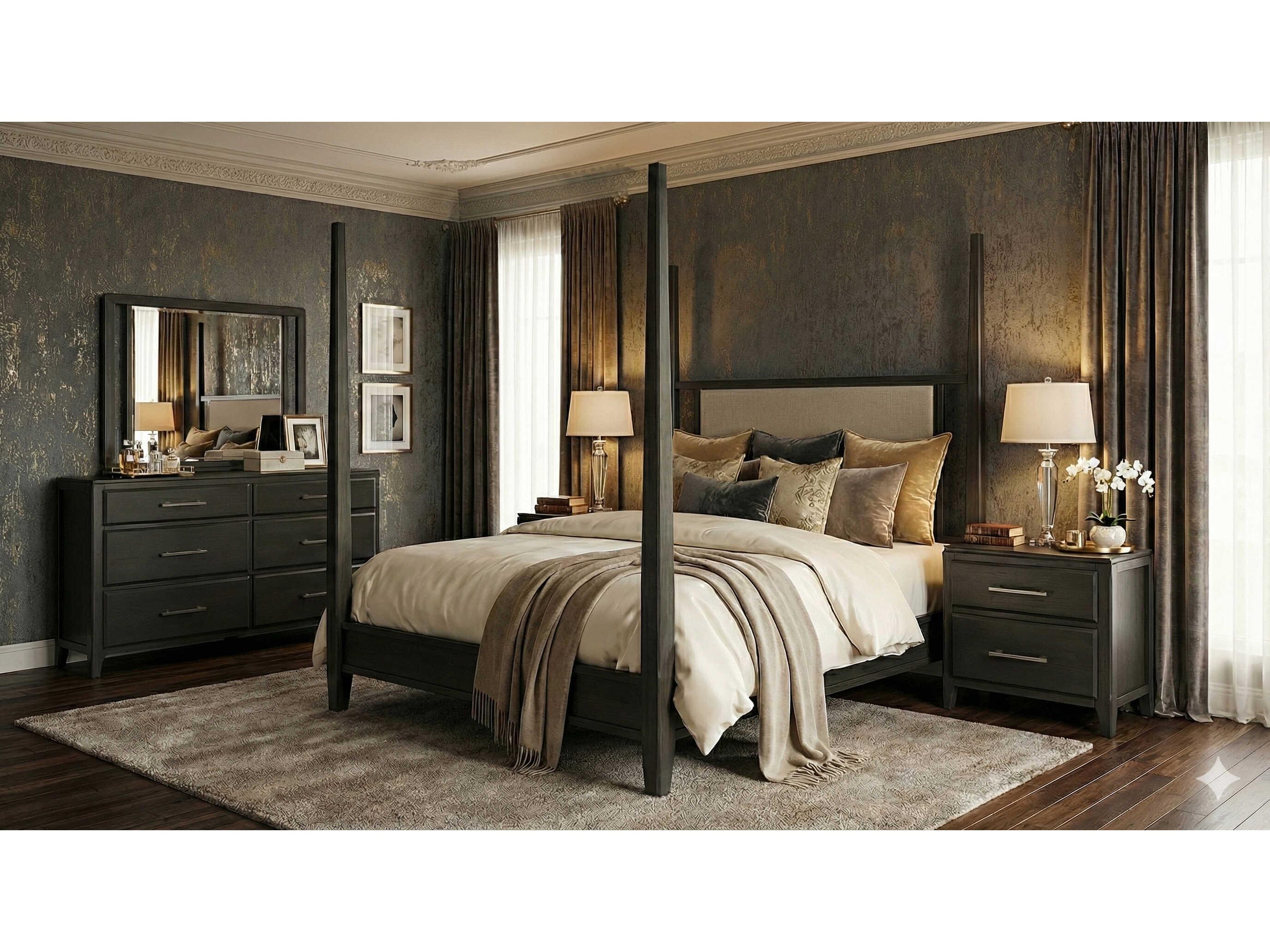 Avalon Furniture Charcoal Oak Wood Queen Four Poster Bed