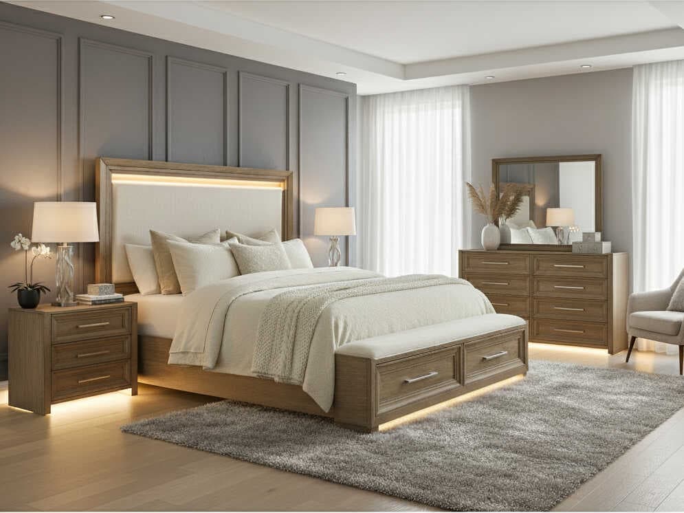Avalon Furniture Brown Oak Wood Queen Panel Bed