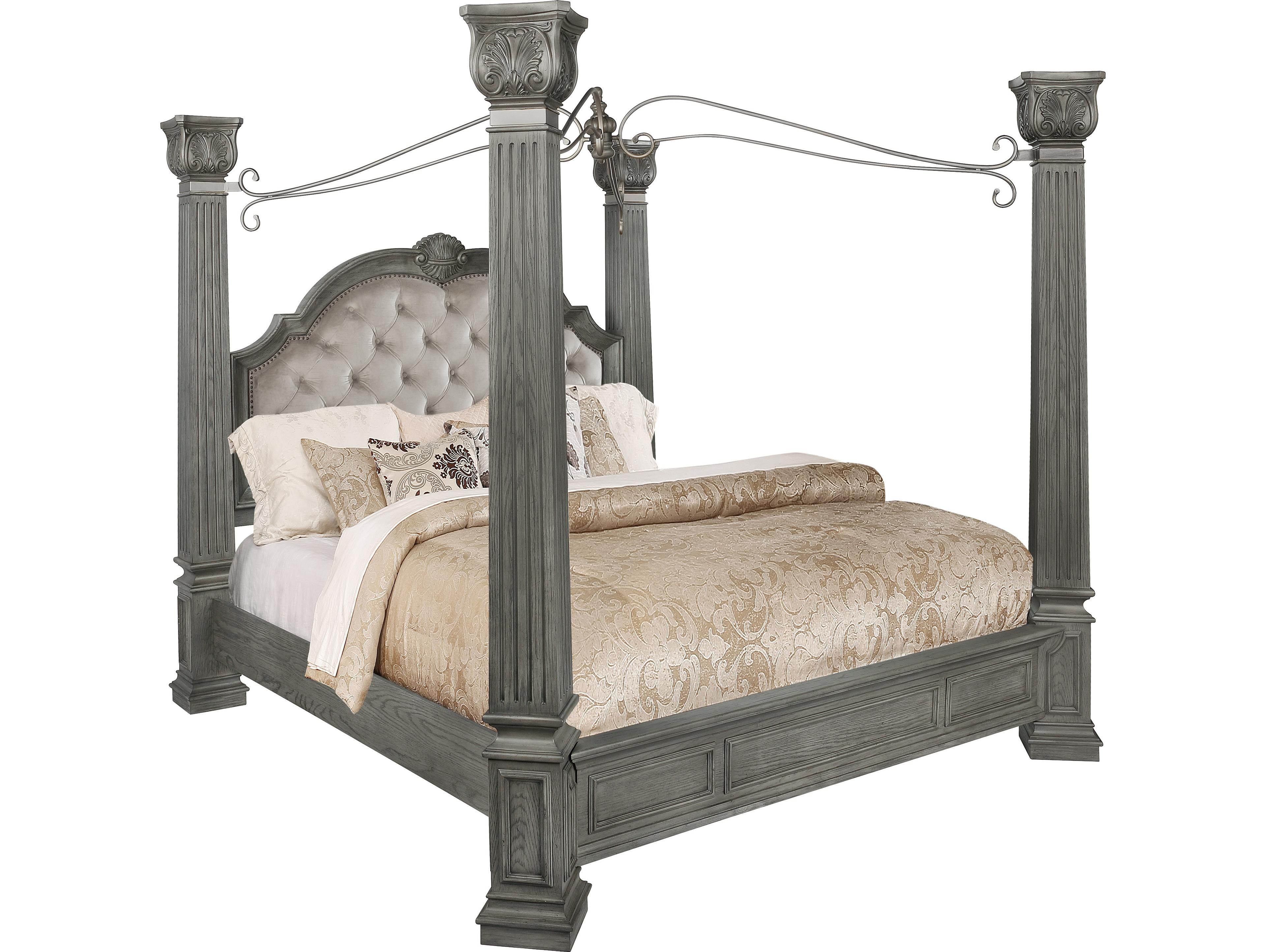 Avalon Furniture Wire Brushed Gray Oak Wood Upholstered Queen Canopy Bed