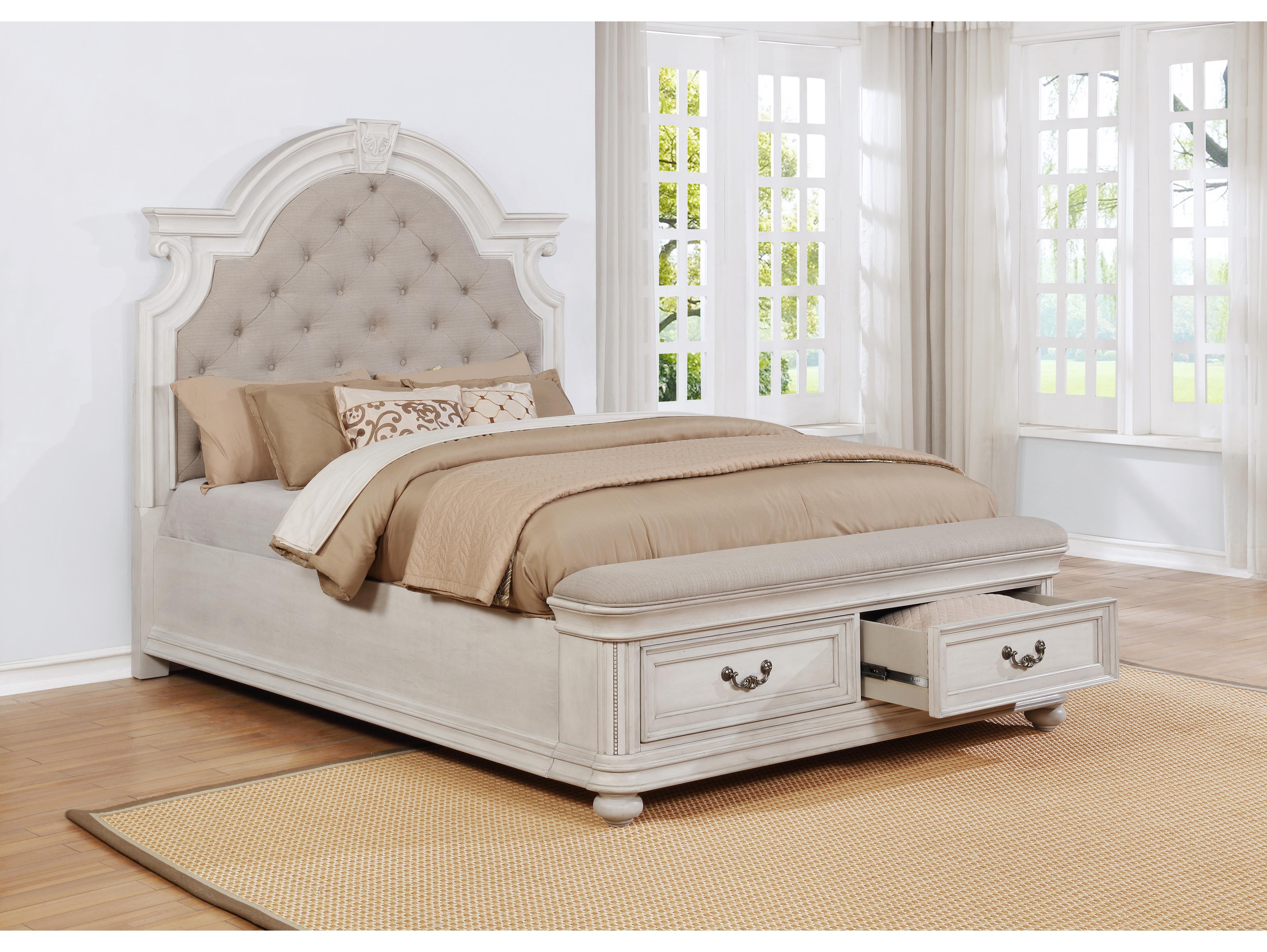 Avalon Furniture Oak White Beige Birch Wood Upholstered Queen Panel Bed