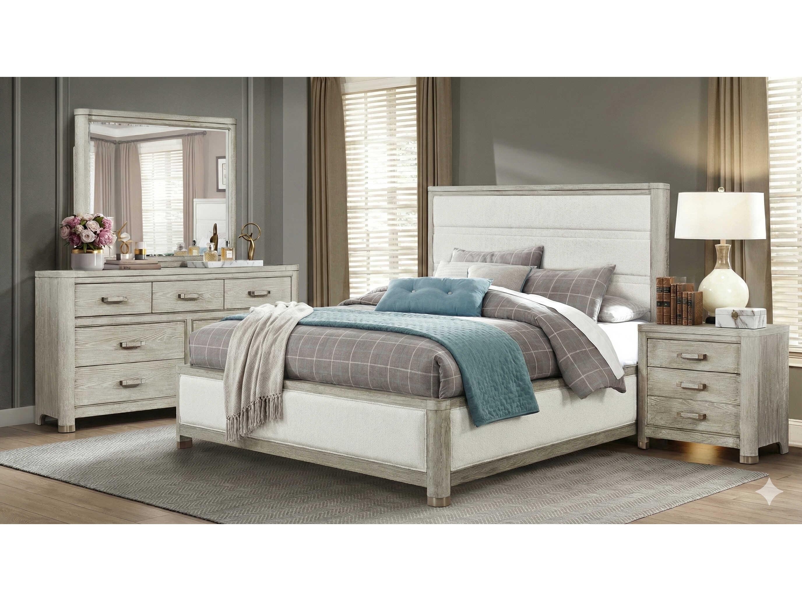 Avalon Furniture White Oak Wood Upholstered Queen Panel Bed