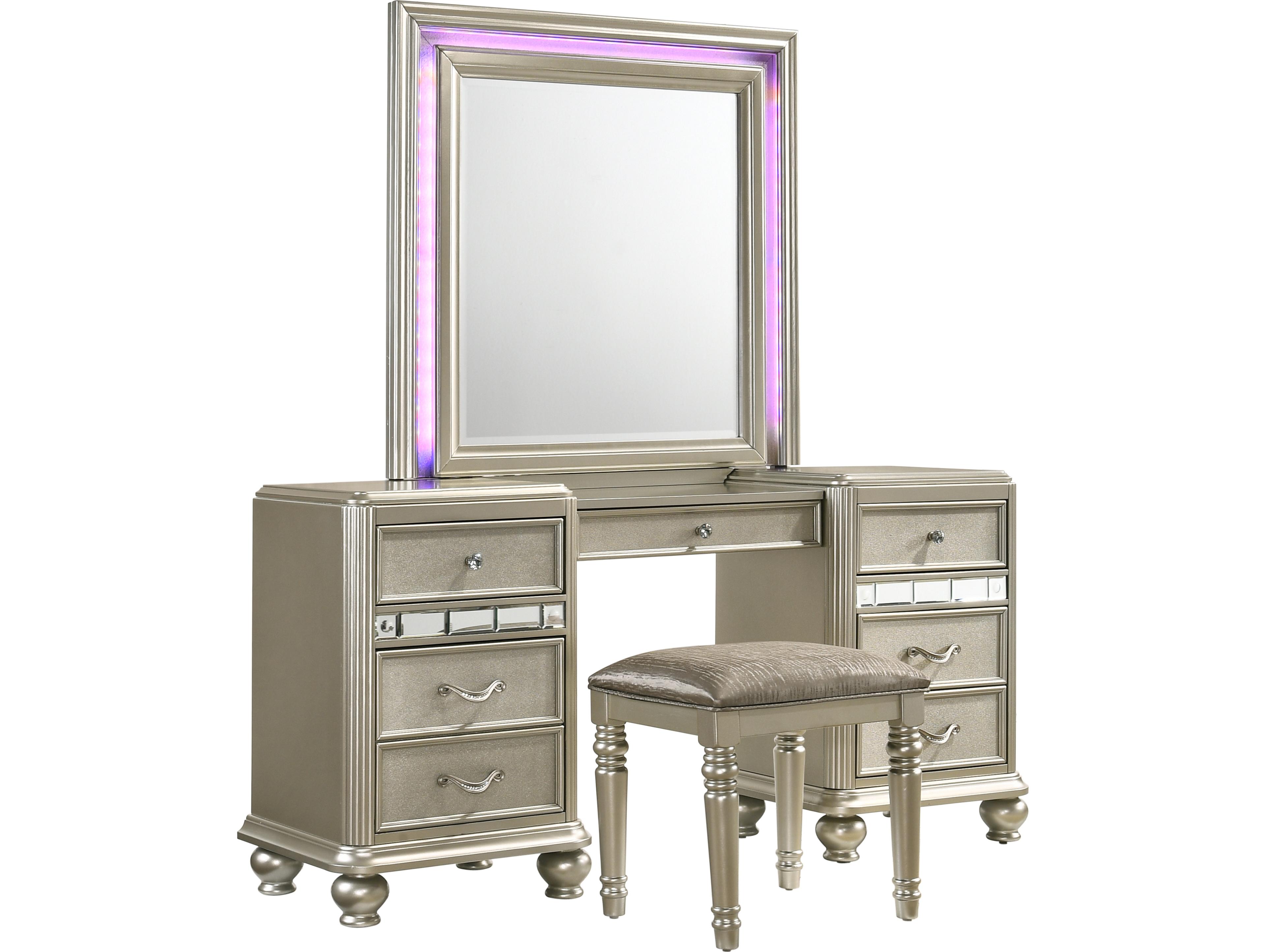 Avalon Furniture Silver Hardwood Vanity Table with Mirror and Stool