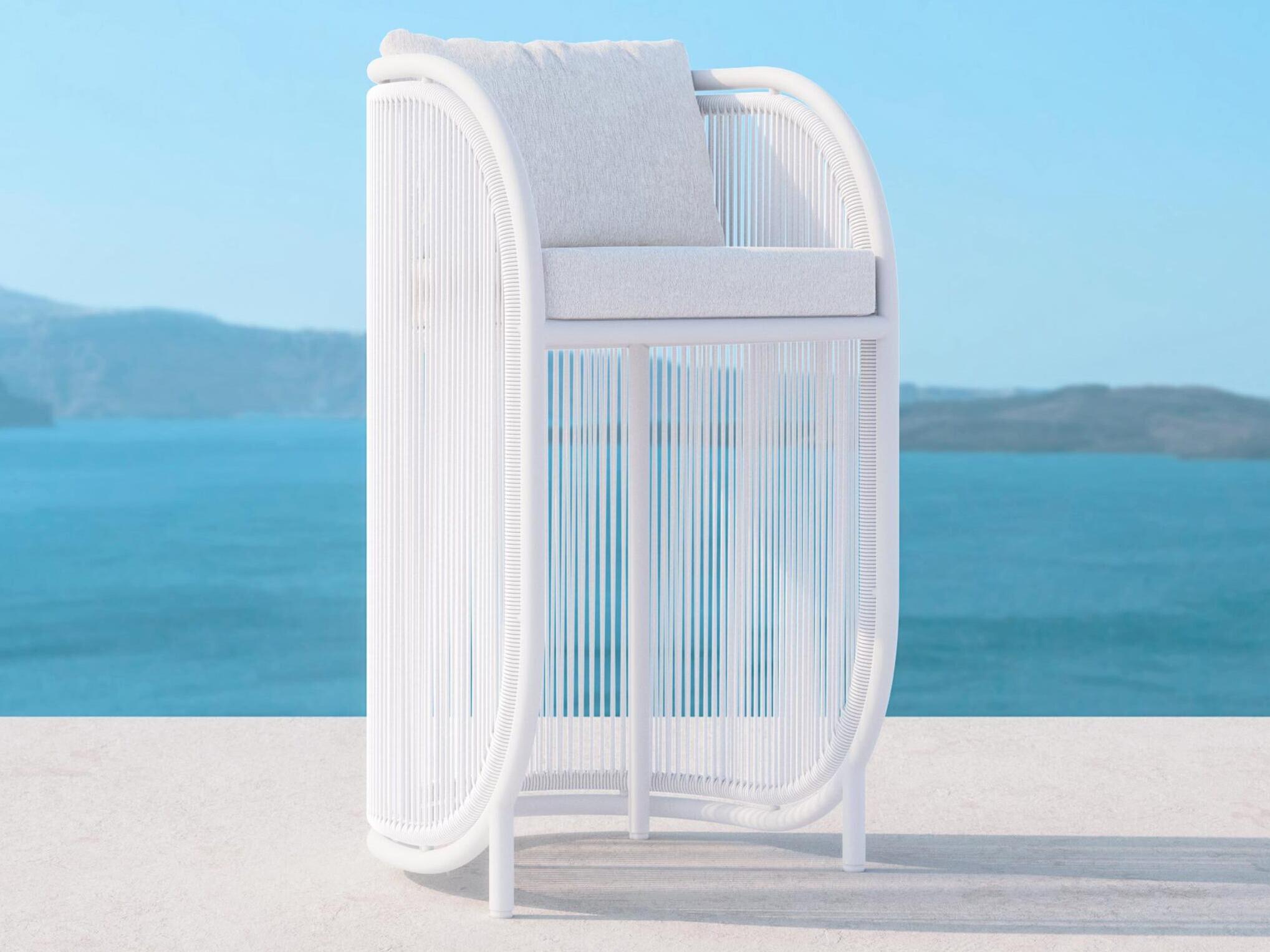 Azzurro Living Kamari White Mist All-Weather Rope Patio Bar Stool with Cloud Cushion