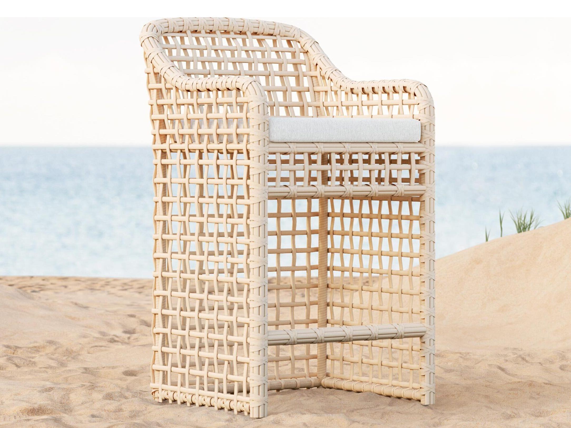 Azzurro Living Kiawah Almond All-Weather Wicker Outdoor Bar Stool with Cloud Cushion