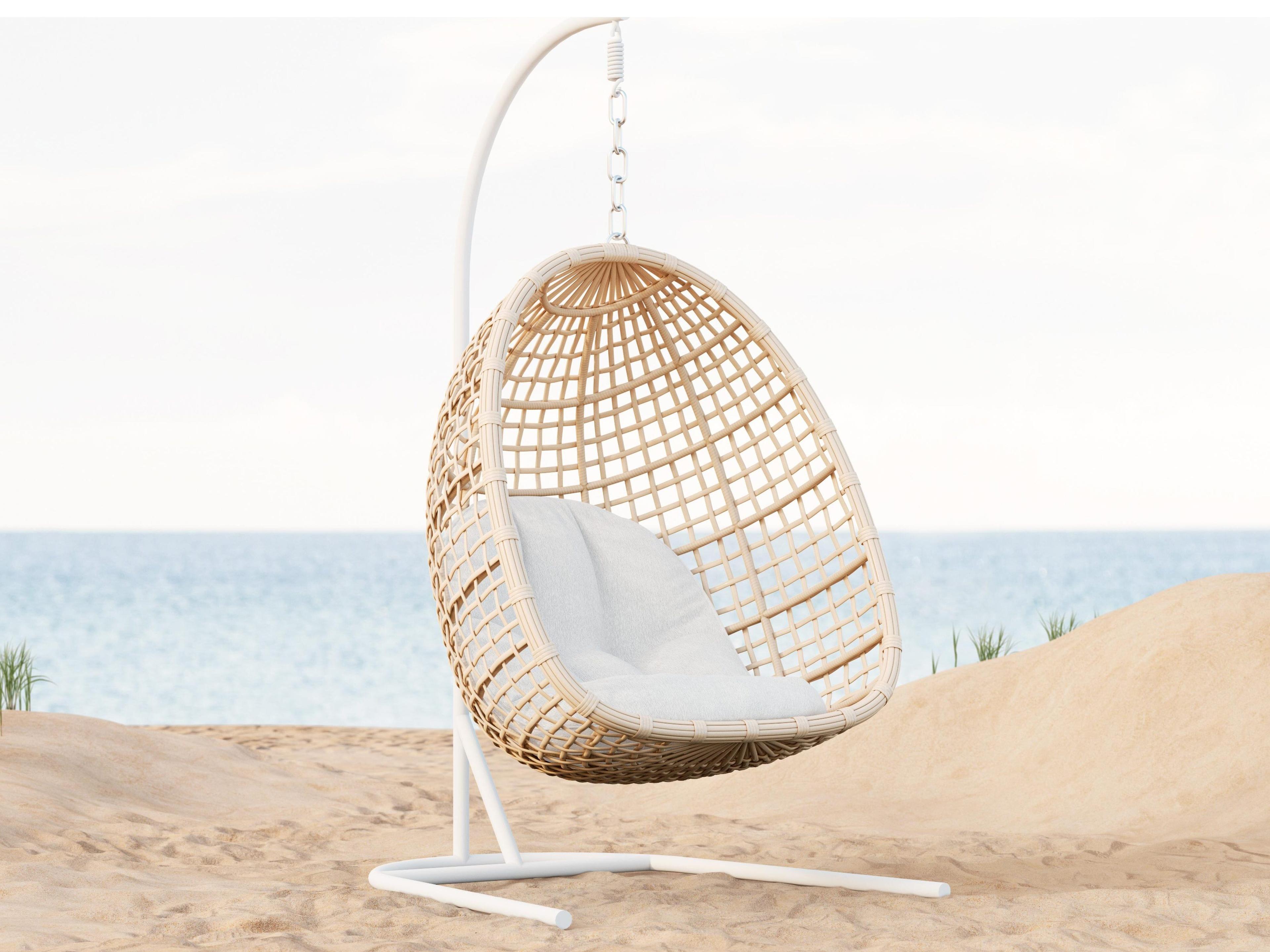 Azzurro Living Kiawah Almond All-Weather Wicker Hanging Chair with Cloud Cushion & Stand