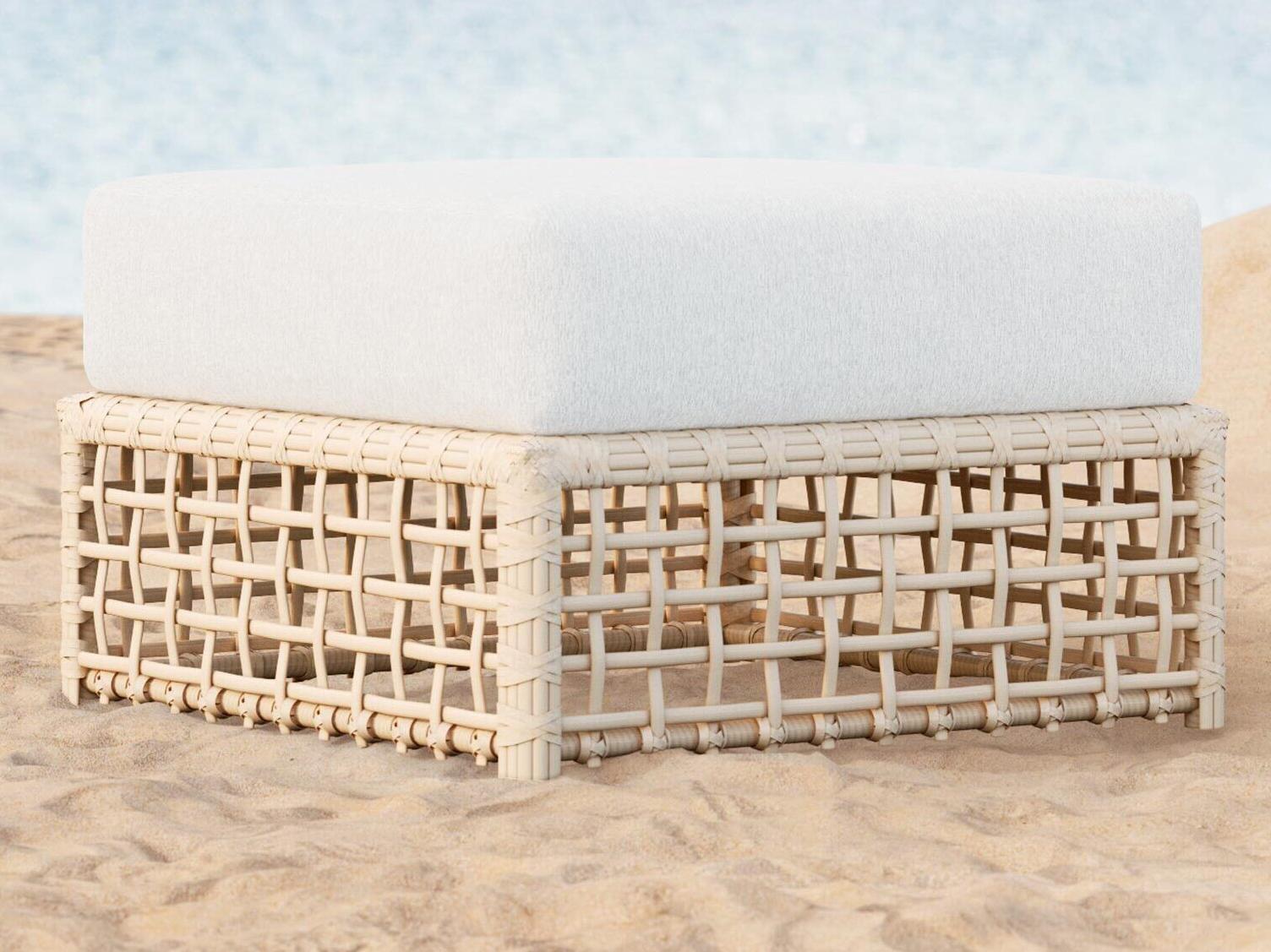 Azzurro Living Kiawah Almond All-Weather Wicker Patio Ottoman with Cloud Cushion
