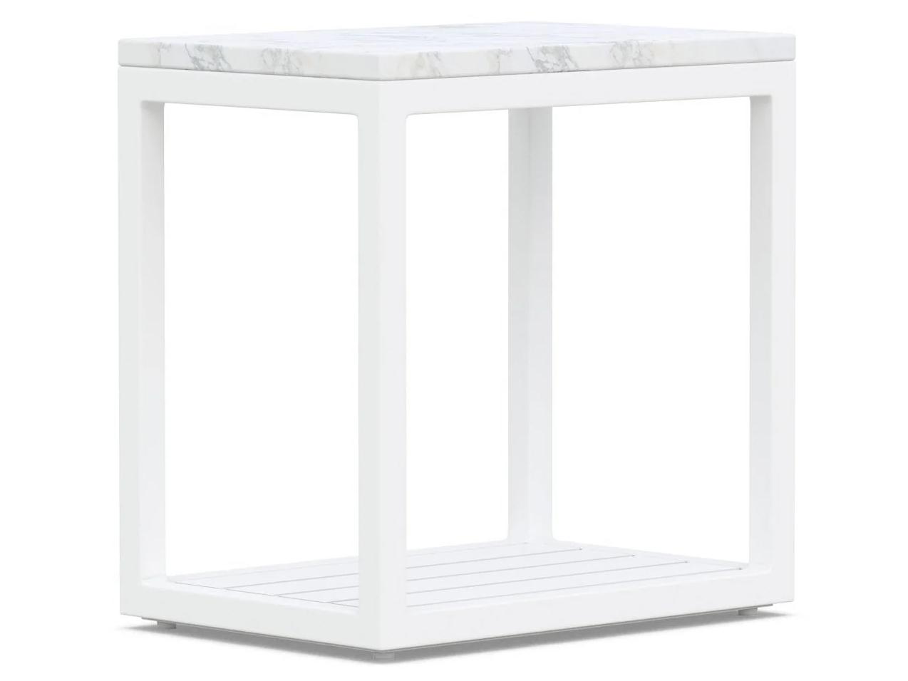 Azzurro Living Seaview Matte White Aluminum Rectangular Marble Top Outdoor Patio Side Table