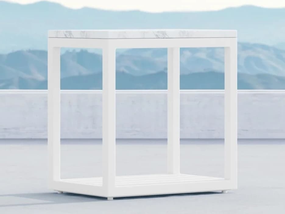 Azzurro Living Seaview Matte White Aluminum Rectangular Marble Top Outdoor Patio Side Table