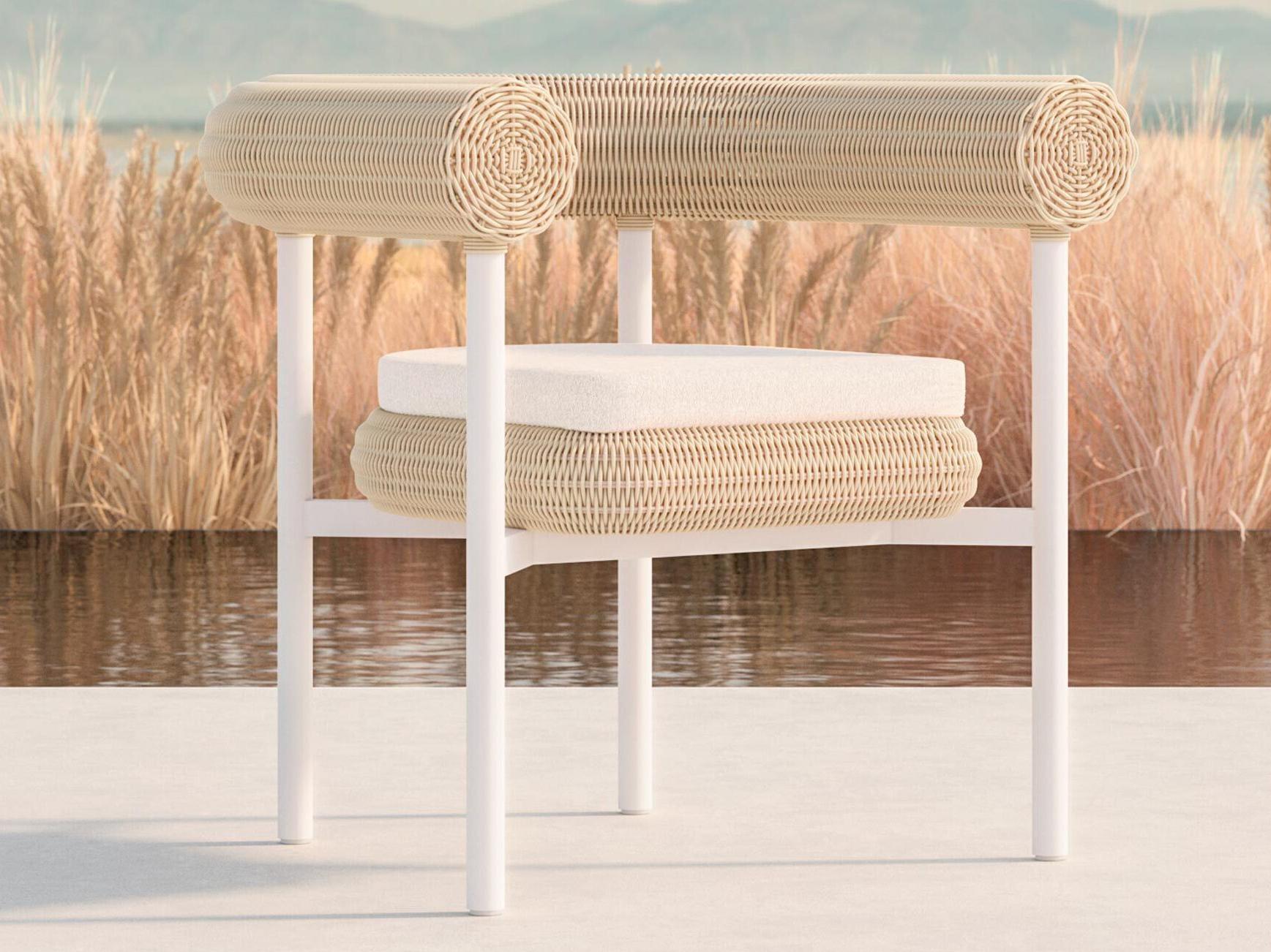 Azzurro Living Texoma Almond All-Weather Wicker Patio Dining Arm Chair with Cloud Cushion