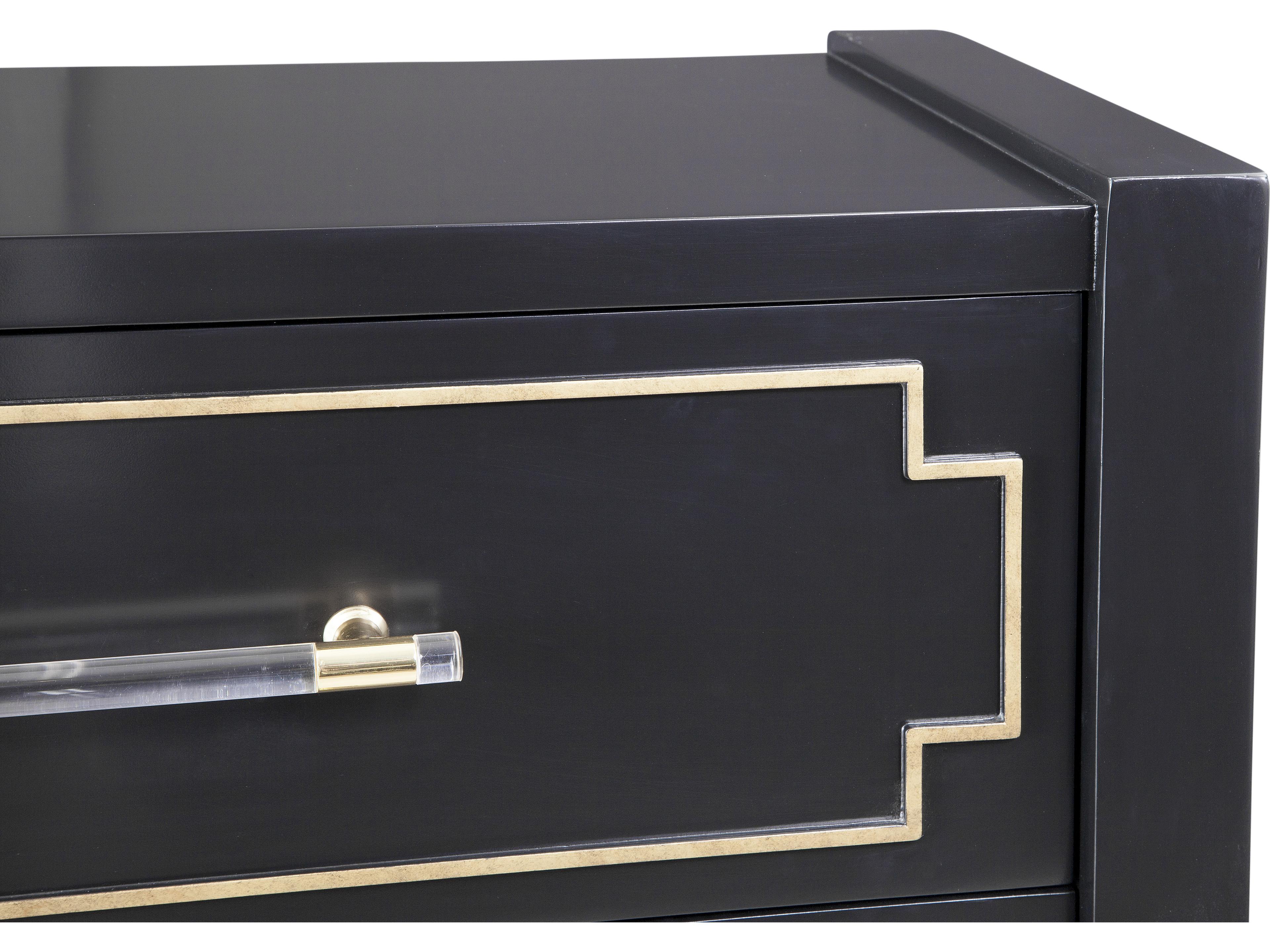 Bassett Mirror 3-Drawers Black Lacquer Gold Pinstriping Brown Accent Chest