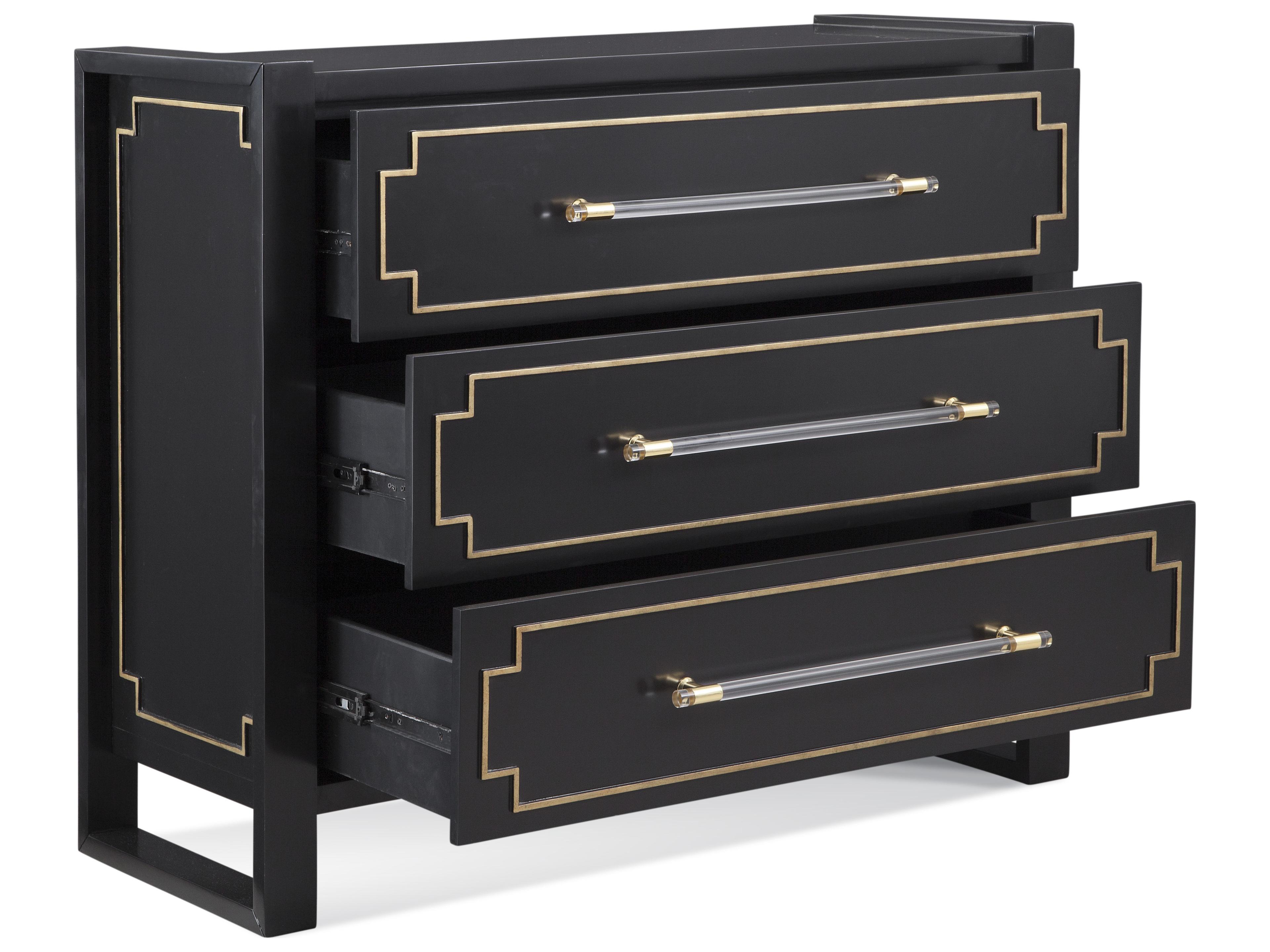 Bassett Mirror 3-Drawers Black Lacquer Gold Pinstriping Brown Accent Chest