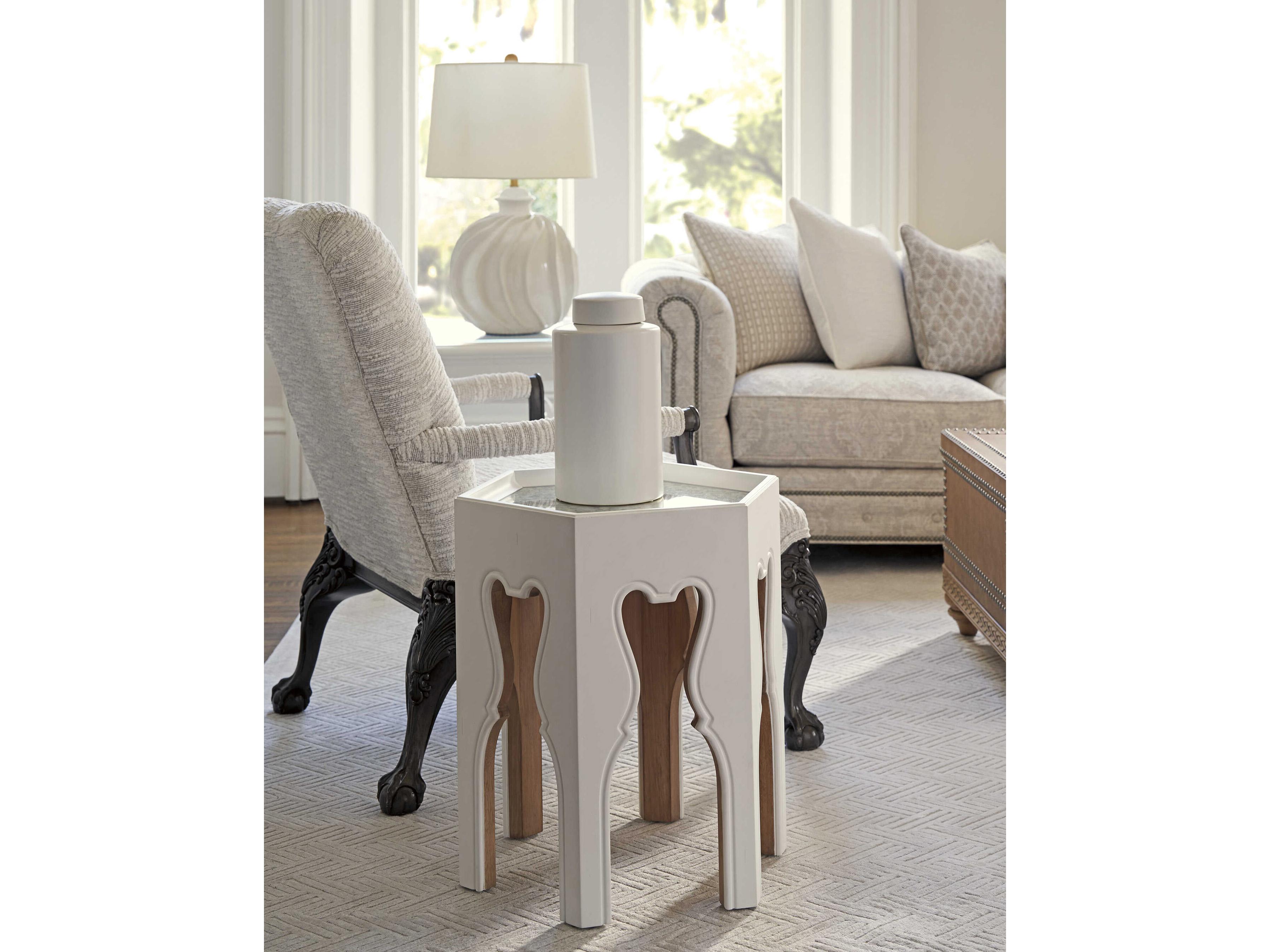 Barclay Butera Villa Blanca Hexagon Mirror Polo Mallet White Buff Bilbao End Table