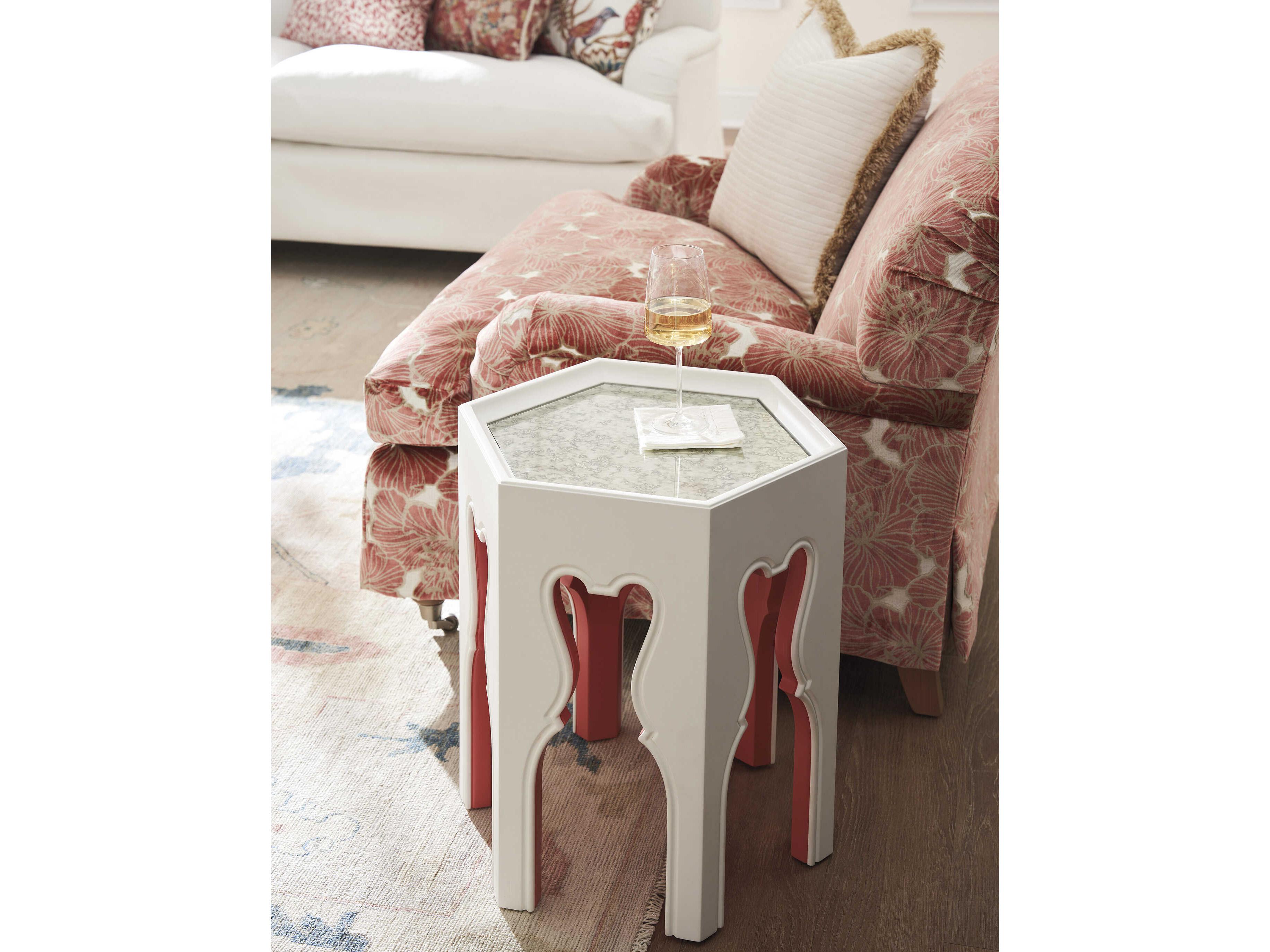 Barclay Butera Villa Blanca Hexagon Mirror Polo Mallet White Coral Bilbao End Table