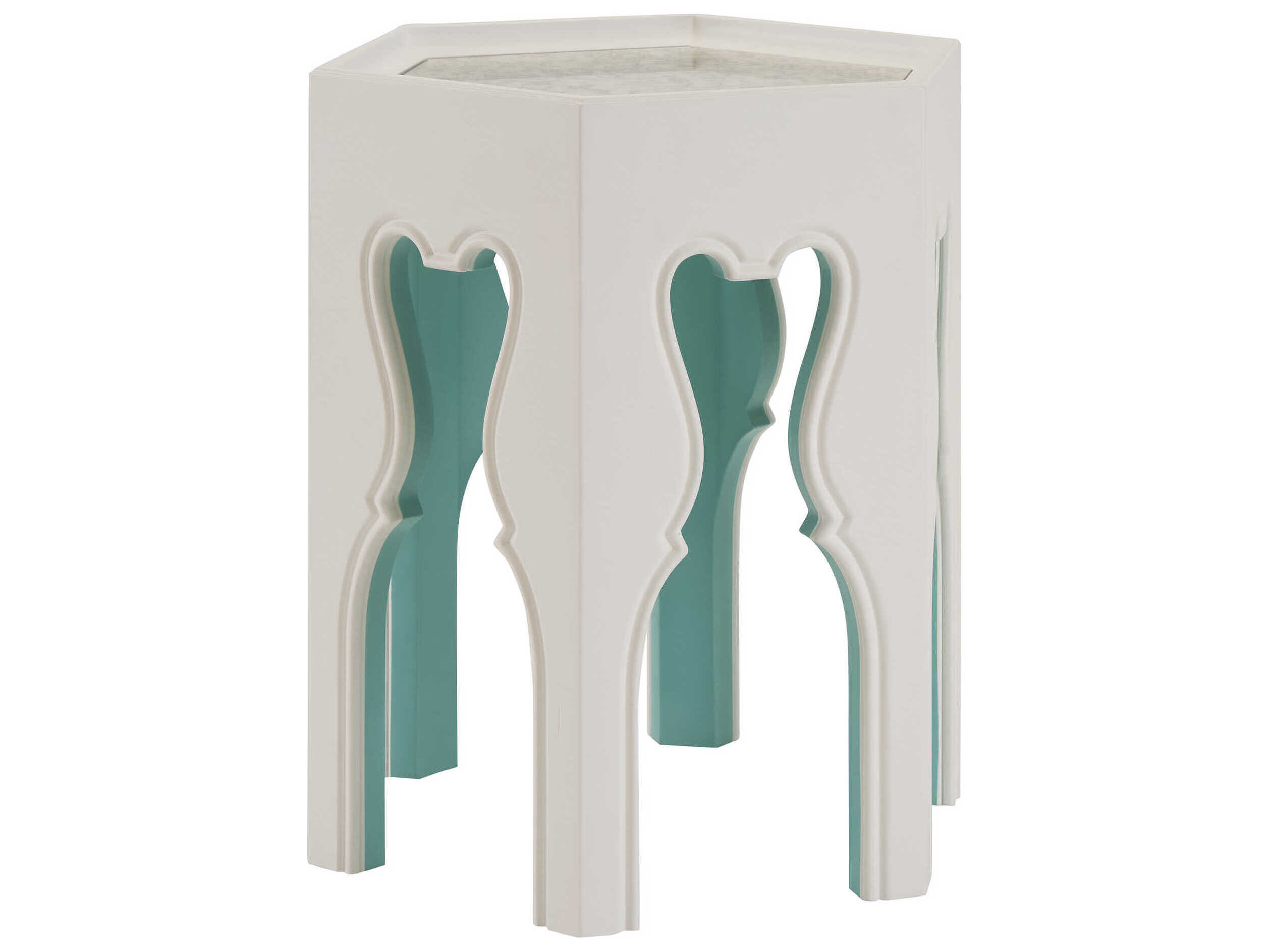 Barclay Butera Villa Blanca Hexagon Mirror Polo Mallet White Teal Bilbao End Table