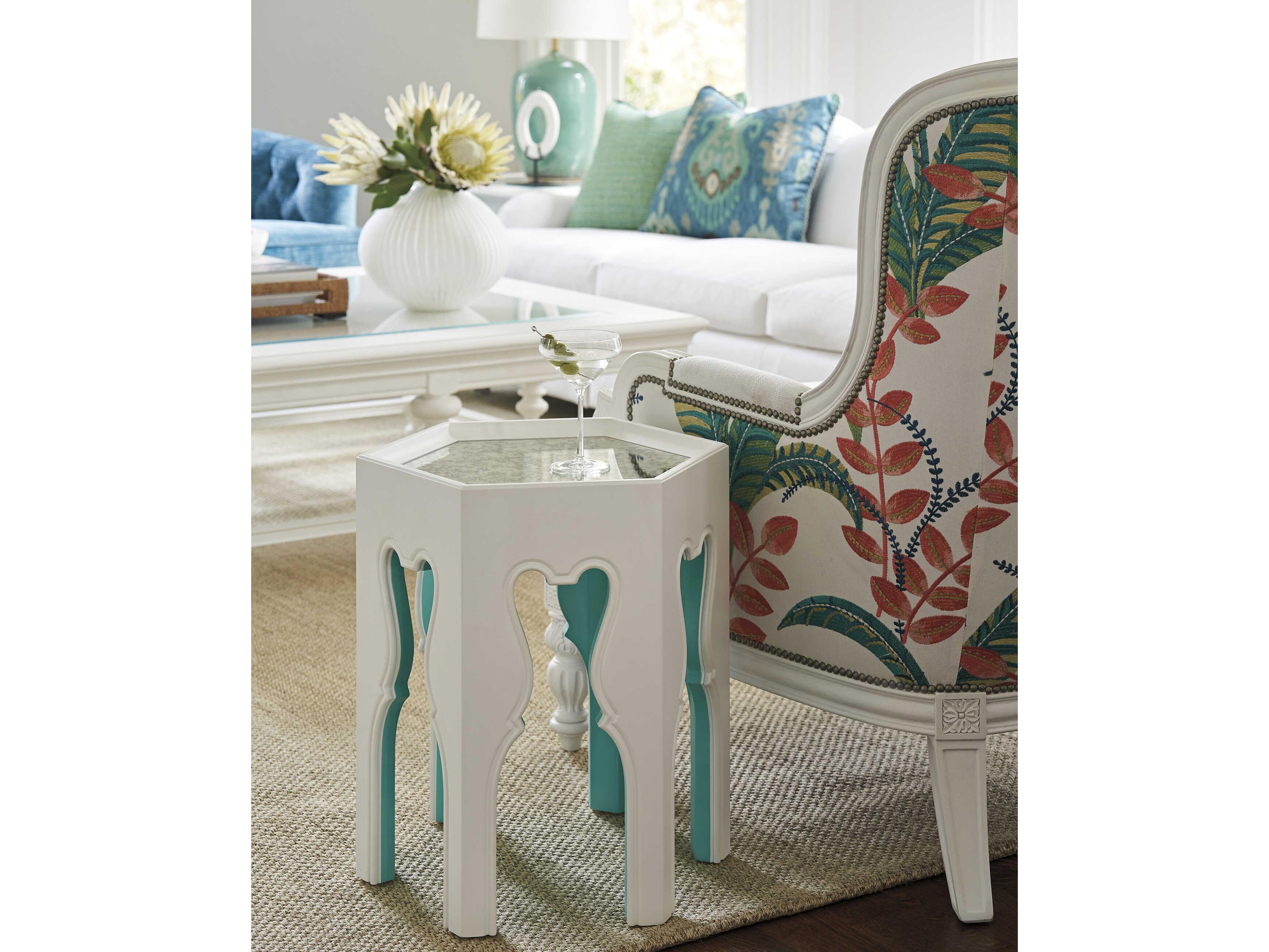 Barclay Butera Villa Blanca Hexagon Mirror Polo Mallet White Teal Bilbao End Table