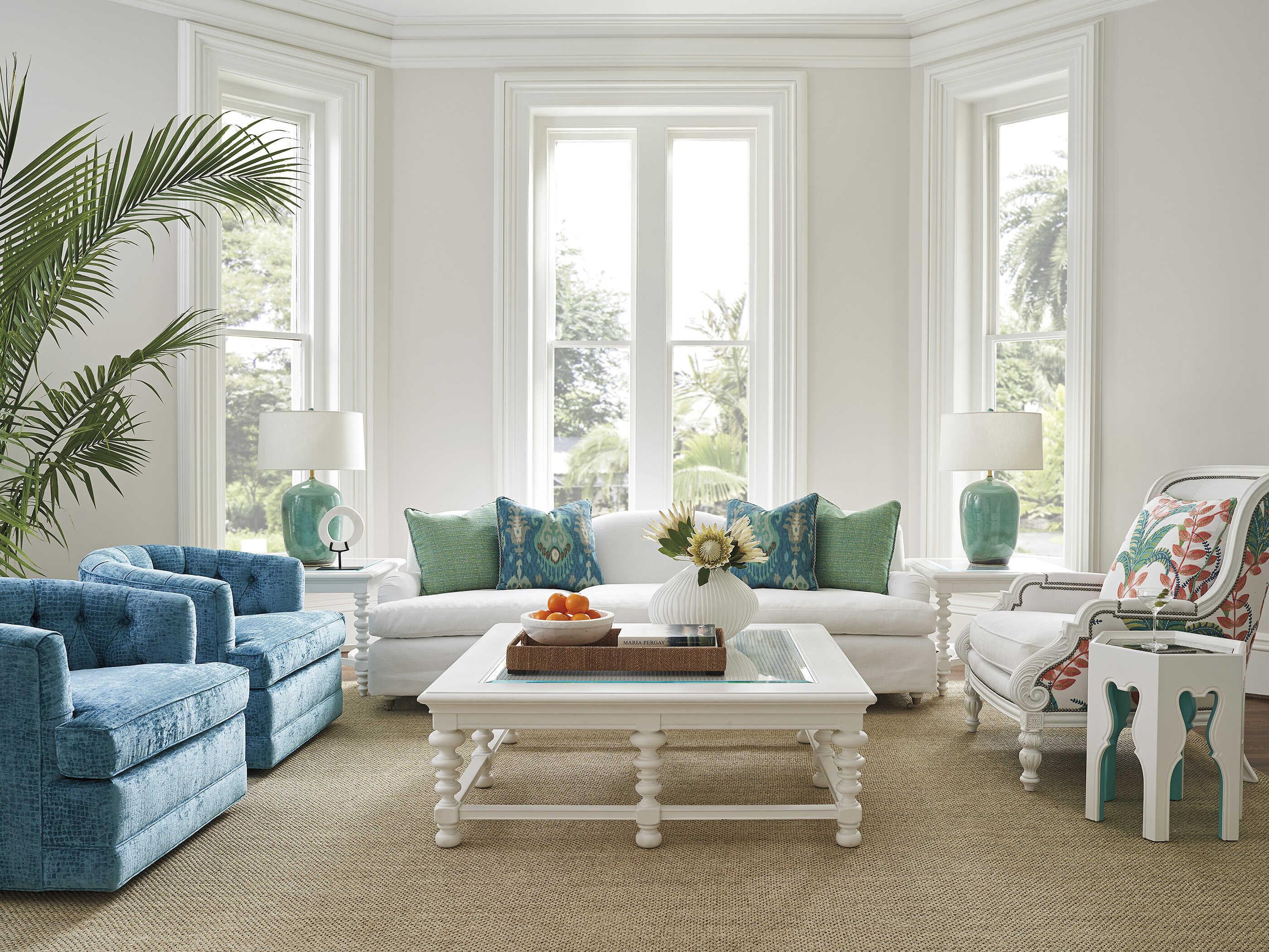 Barclay Butera Villa Blanca Hexagon Mirror Polo Mallet White Teal Bilbao End Table