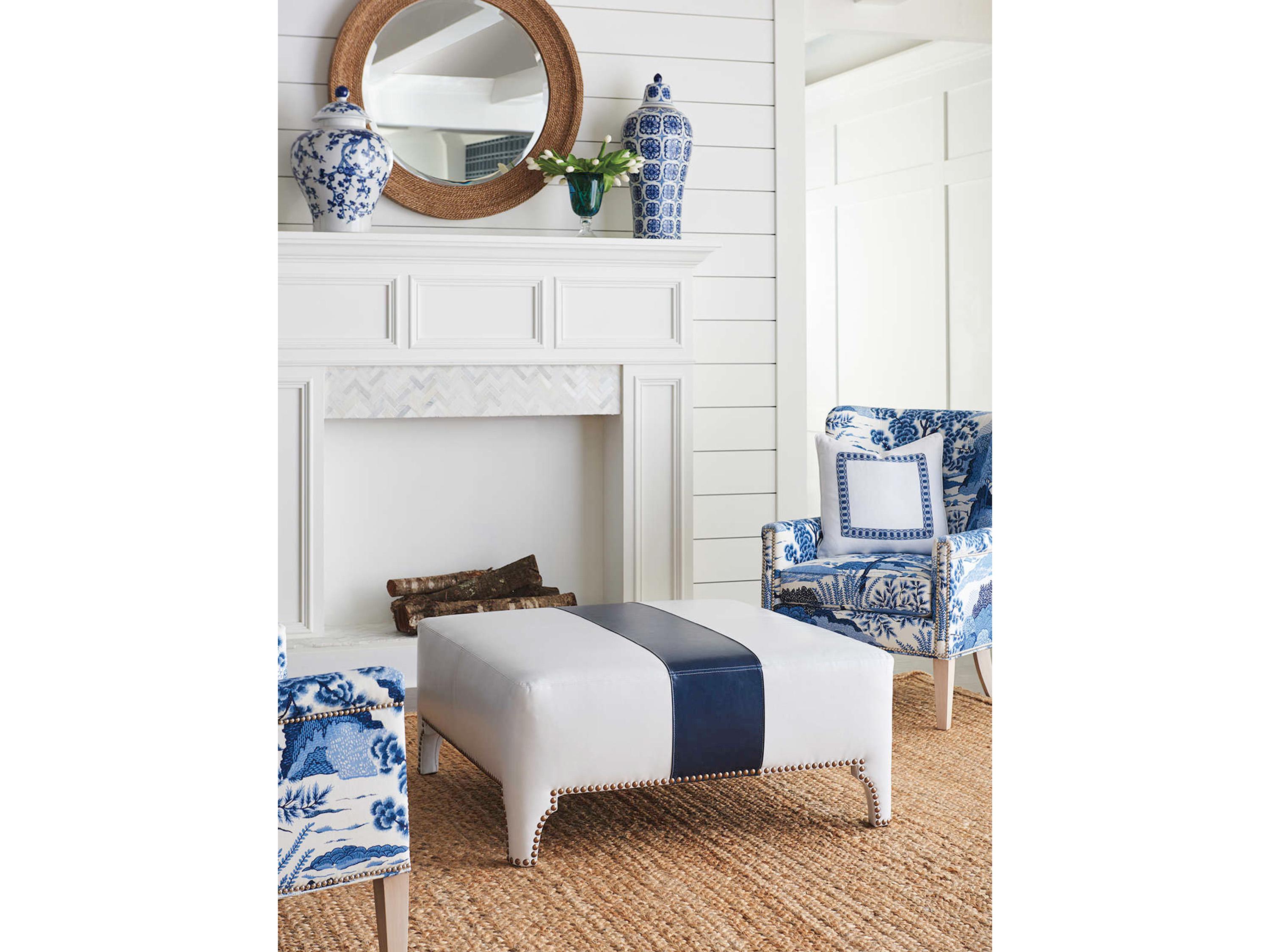 Barclay Butera Upholstery Sheffield Ivory Navy White Leather Ottoman