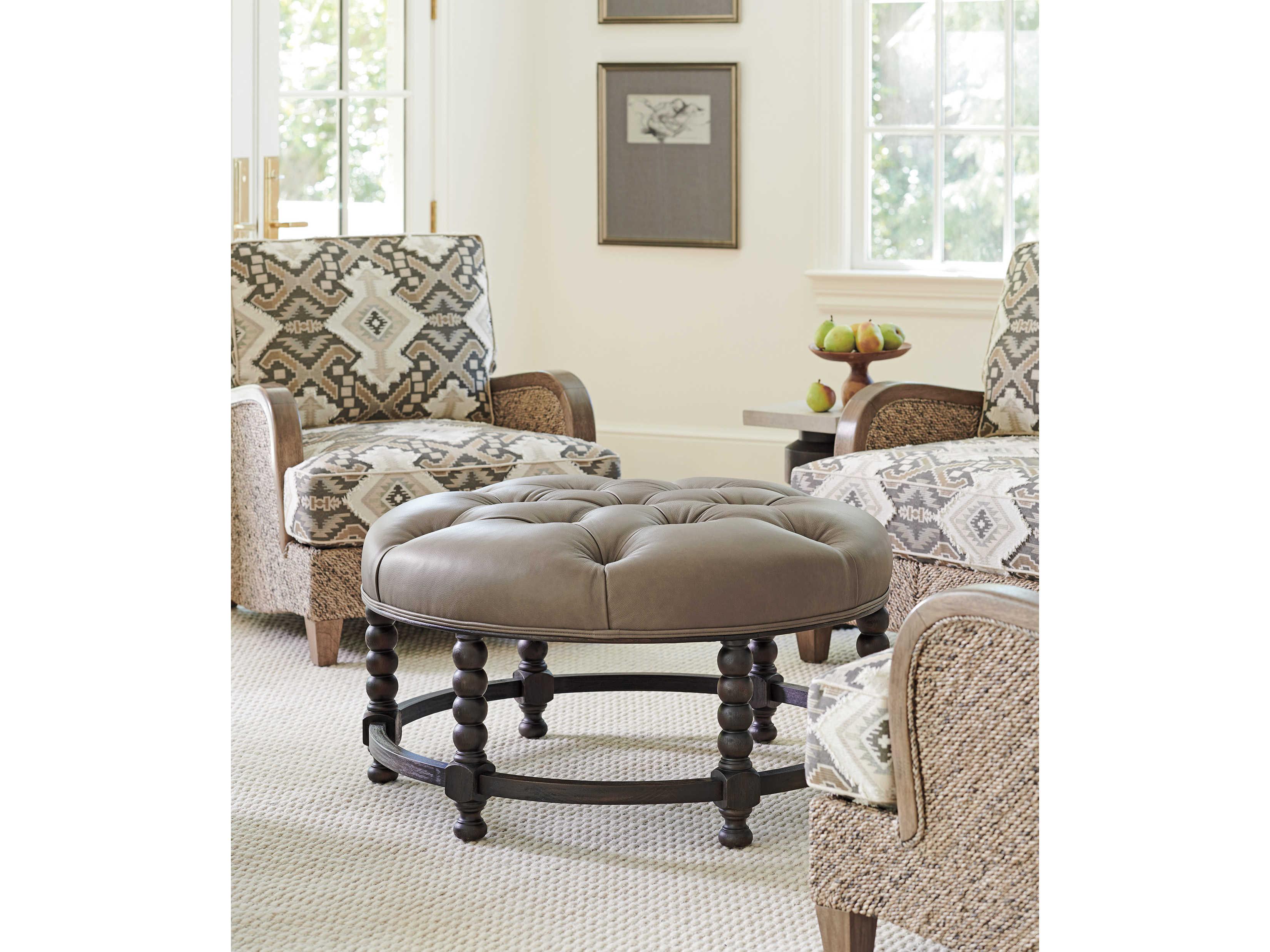 Barclay Butera Upholstery Hanover Brown Leather Tufted Ottoman