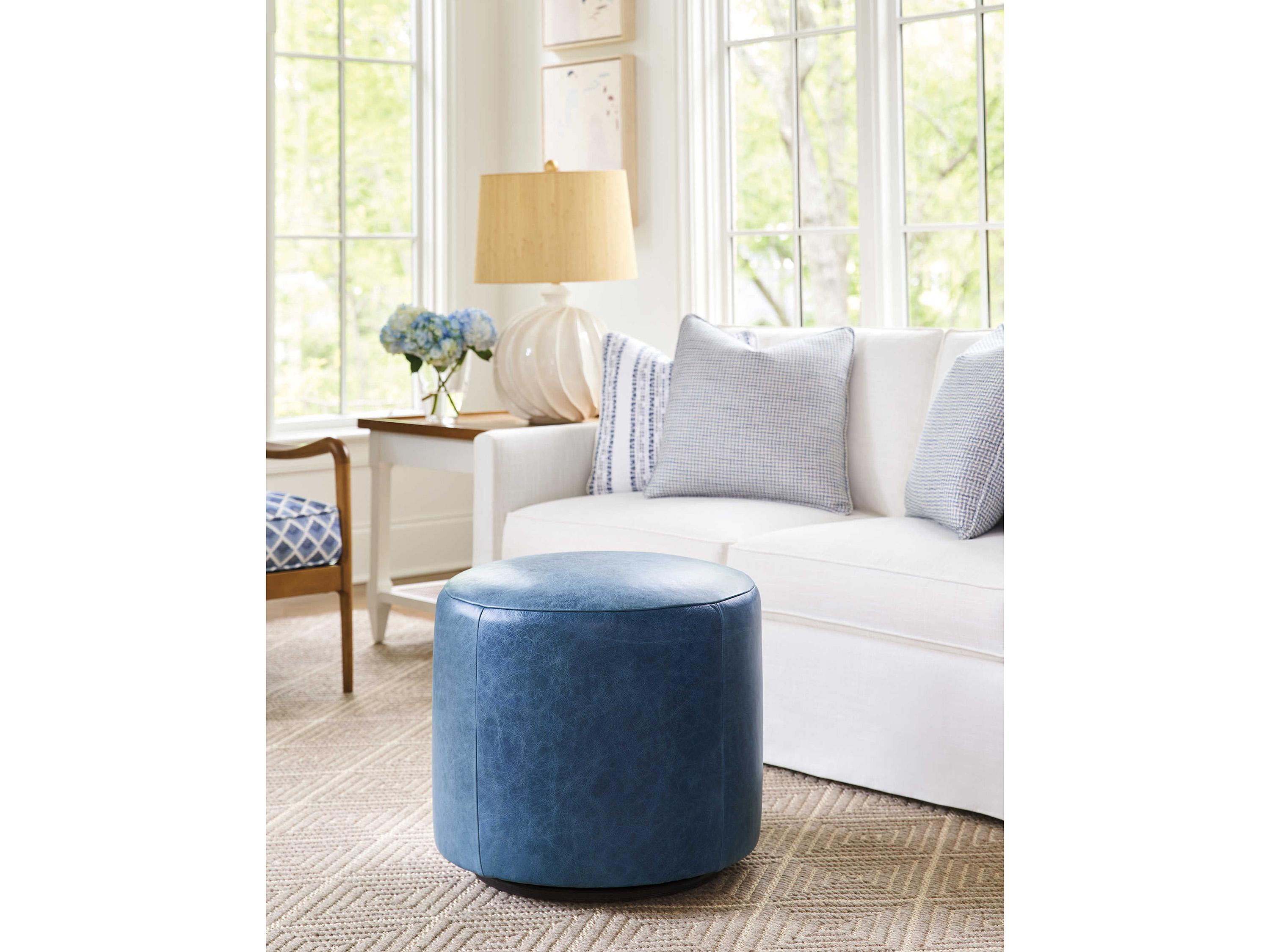Barclay Butera Upholstery Three Arch Swivel Blue Leather Ottoman