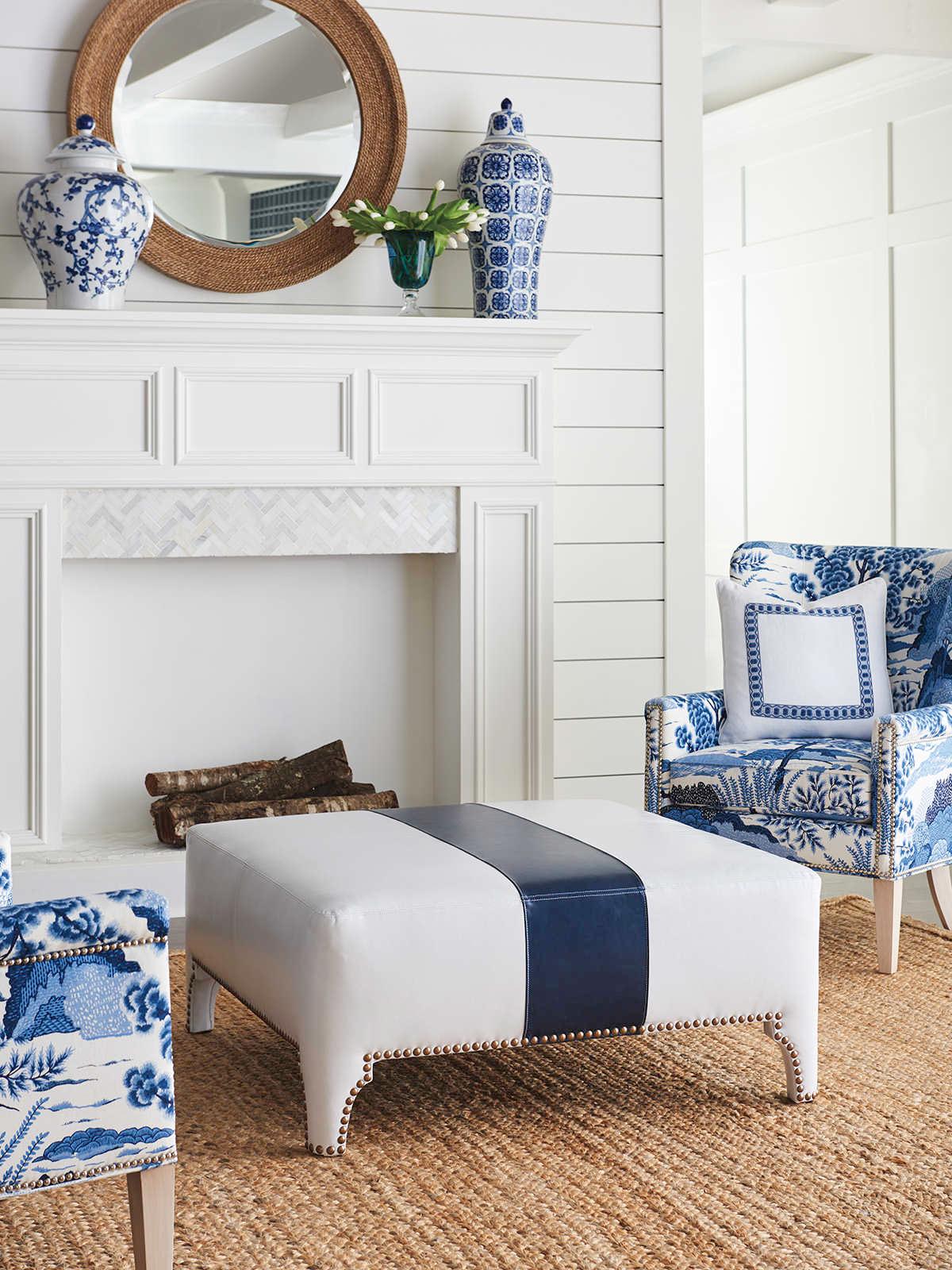 Barclay Butera Upholstery Sheffield Cocktail Beige Blue Leather Ottoman