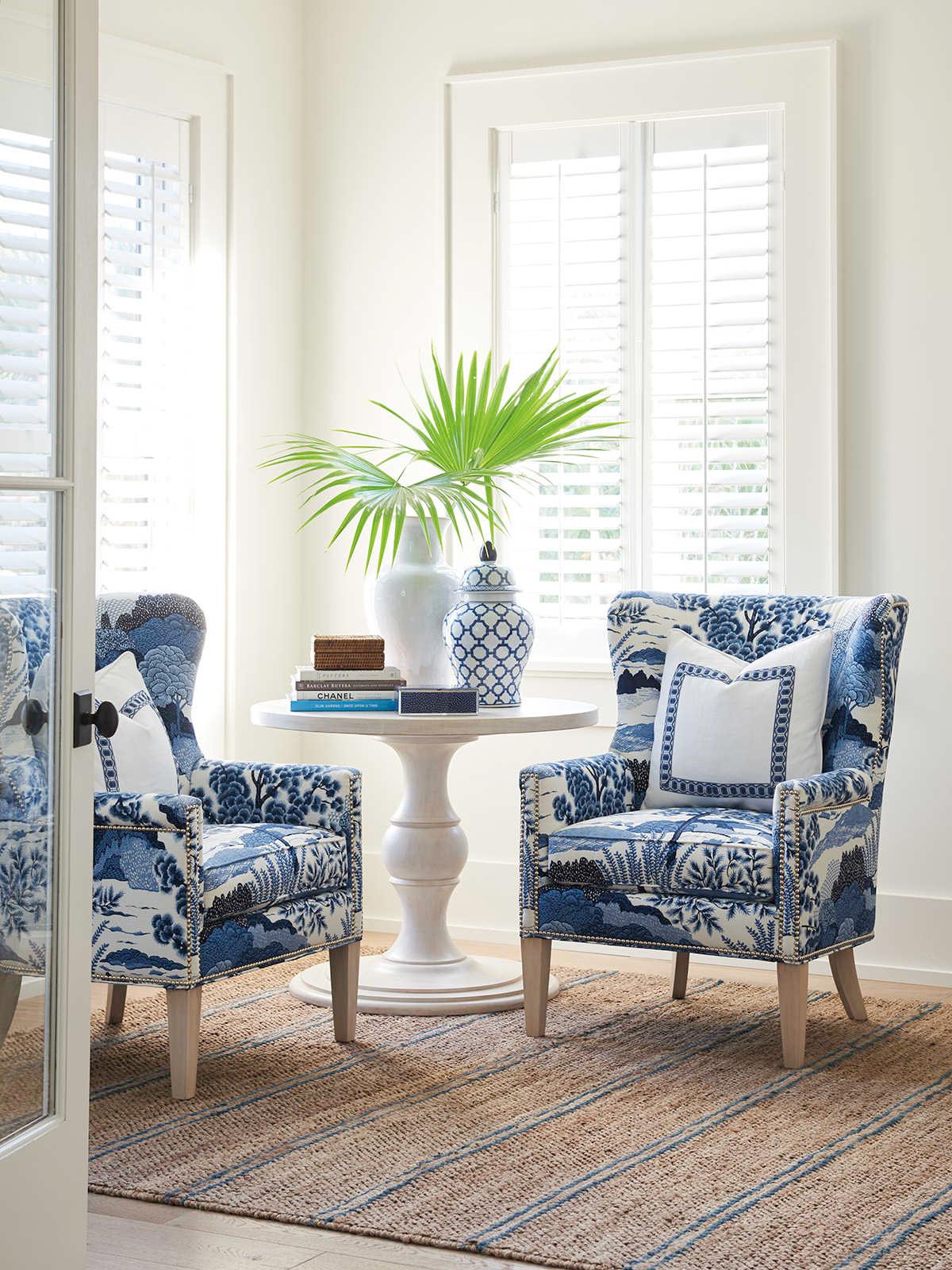 Barclay Butera Upholstery Avery Wing Blue Fabric Accent Chair