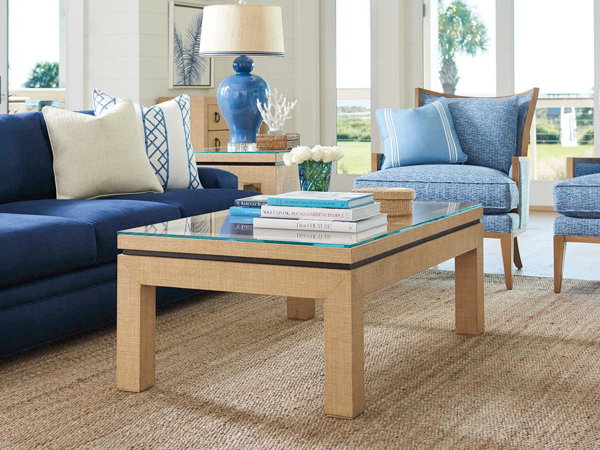 Barclay Butera Newport Harbor Raffia Rectangular Glass Sandstone Cocktail Table