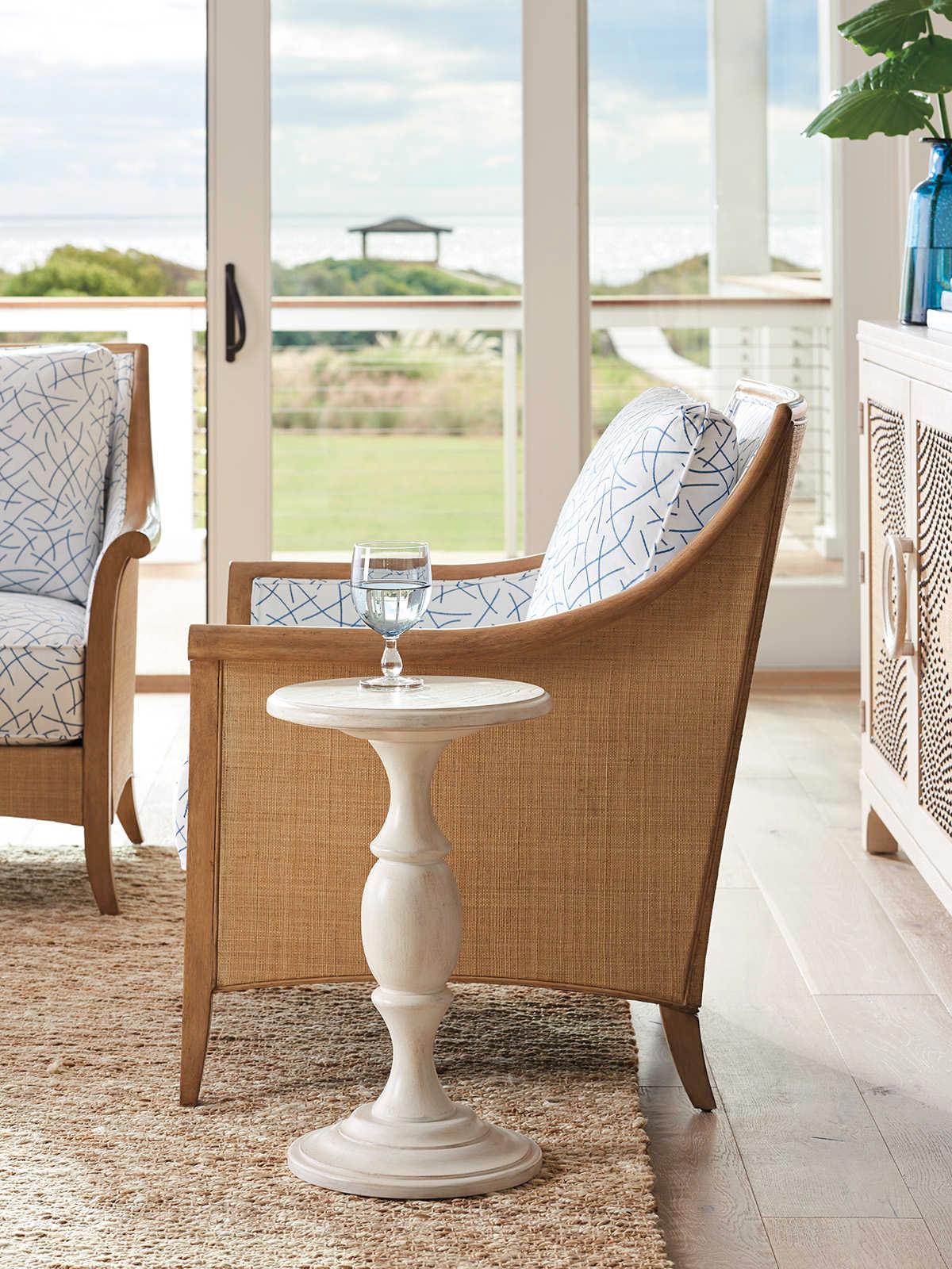 Barclay Butera Newport Yacht Club Round Wood Sailcloth End Table