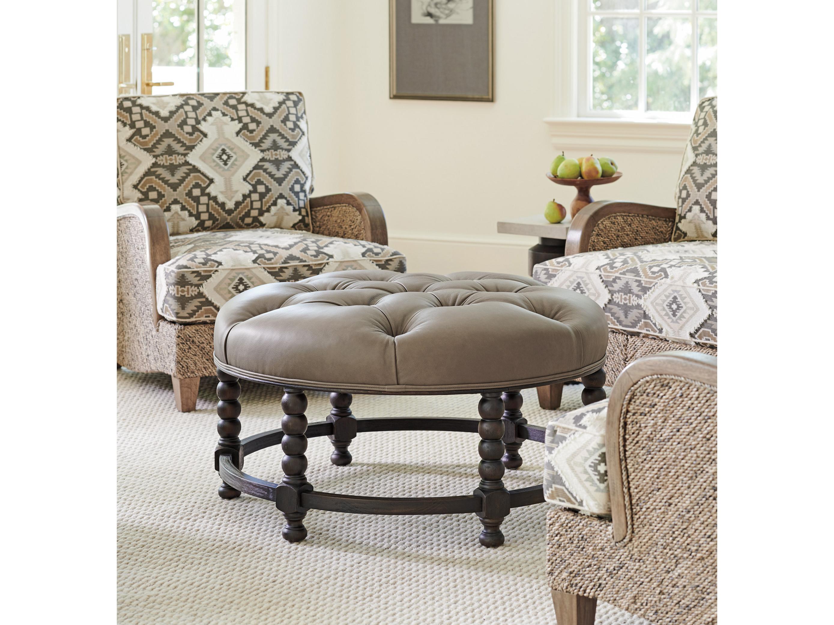 Barclay Butera Upholstery Hanover Cacao Leather Tufted Ottoman