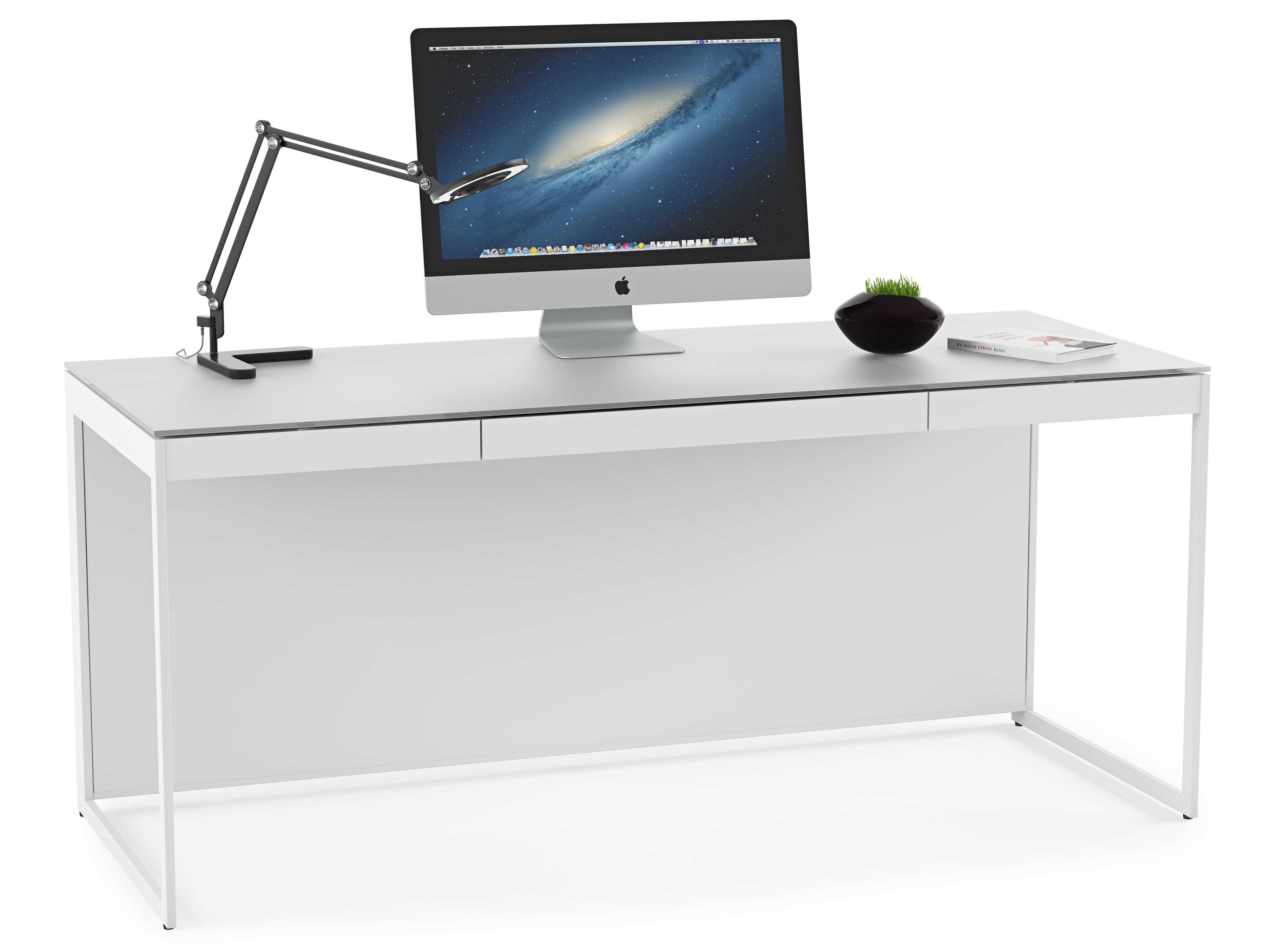 BDI Centro Satin White & Grey Etched Glass Hardwood Computer Desk
