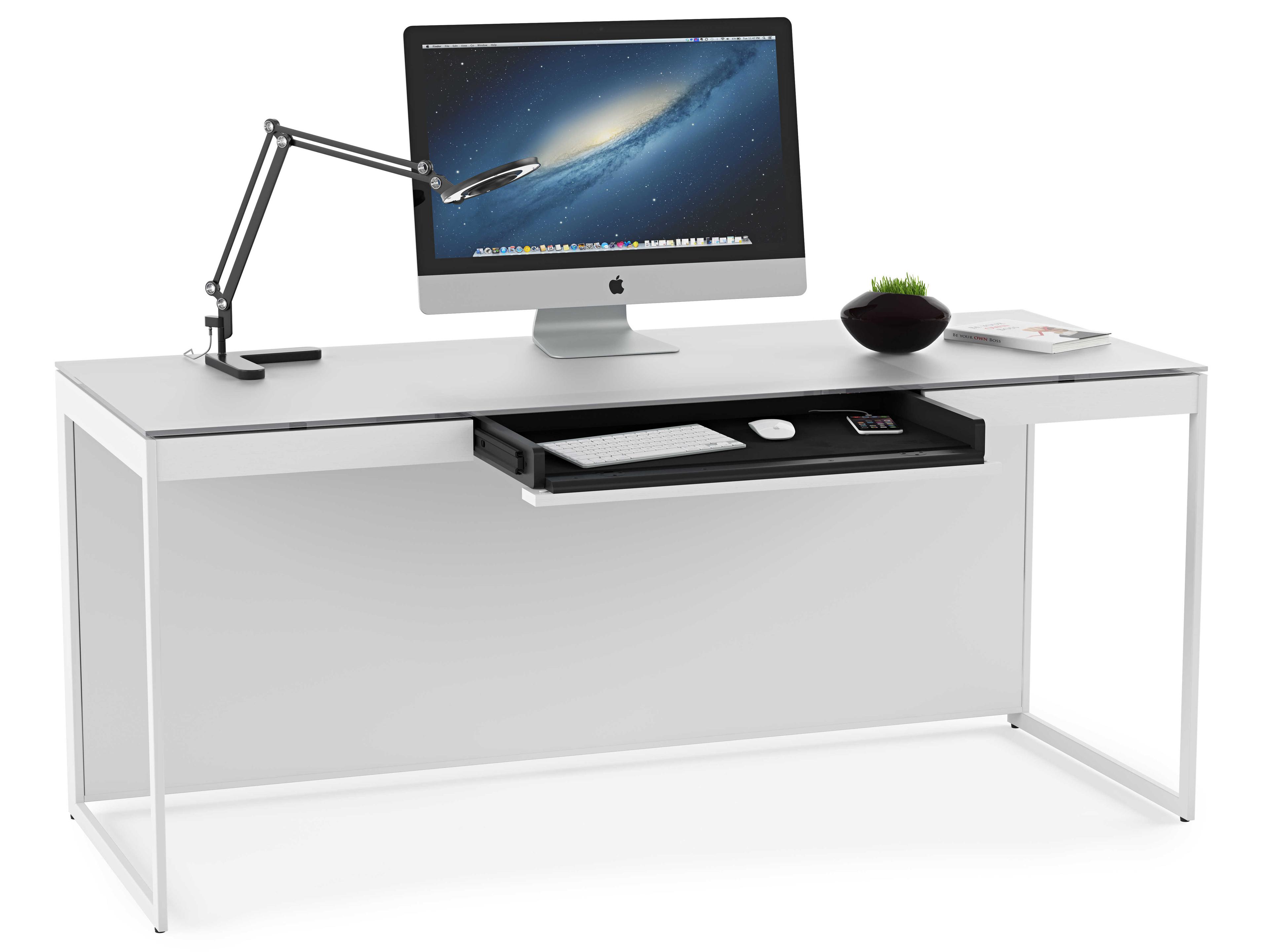 BDI Centro Satin White & Grey Etched Glass Hardwood Computer Desk