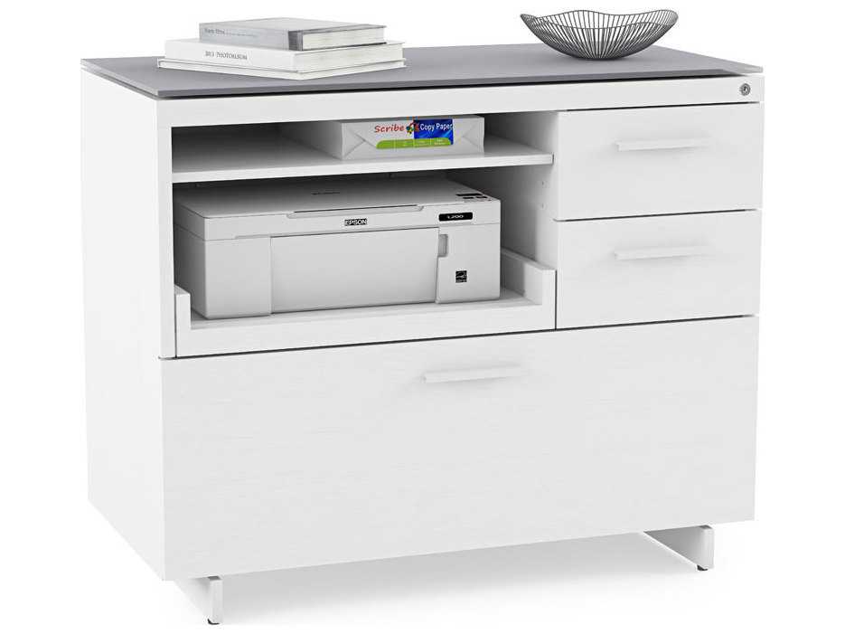 BDI Centro Satin White & Grey Etched Glass File Cabinet