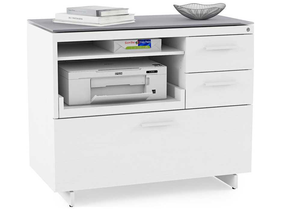 BDI Centro Satin White & Grey Etched Glass File Cabinet