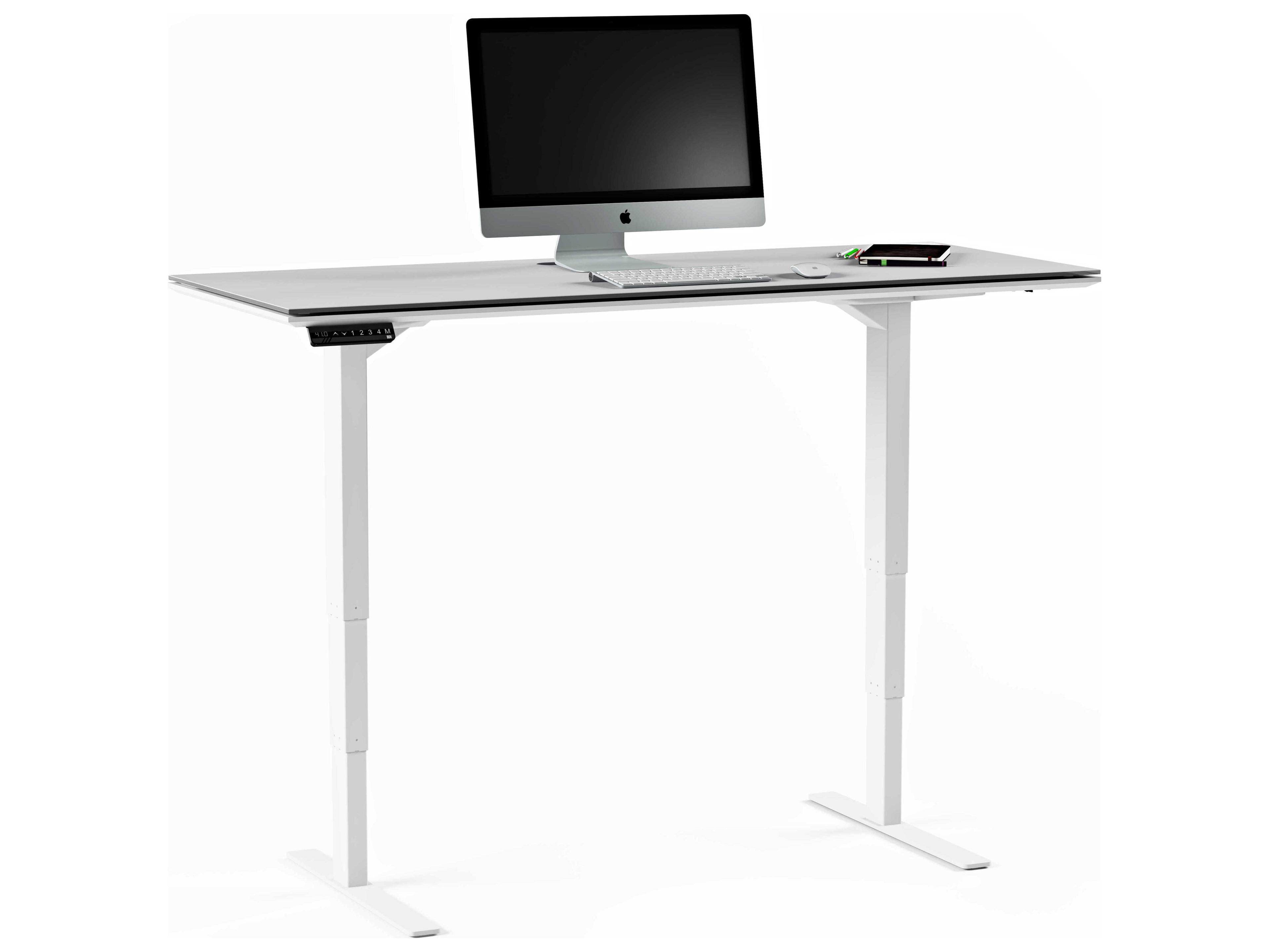 BDI Centro Height Adjustable & Standing Satin White Grey Etched Glass Desks