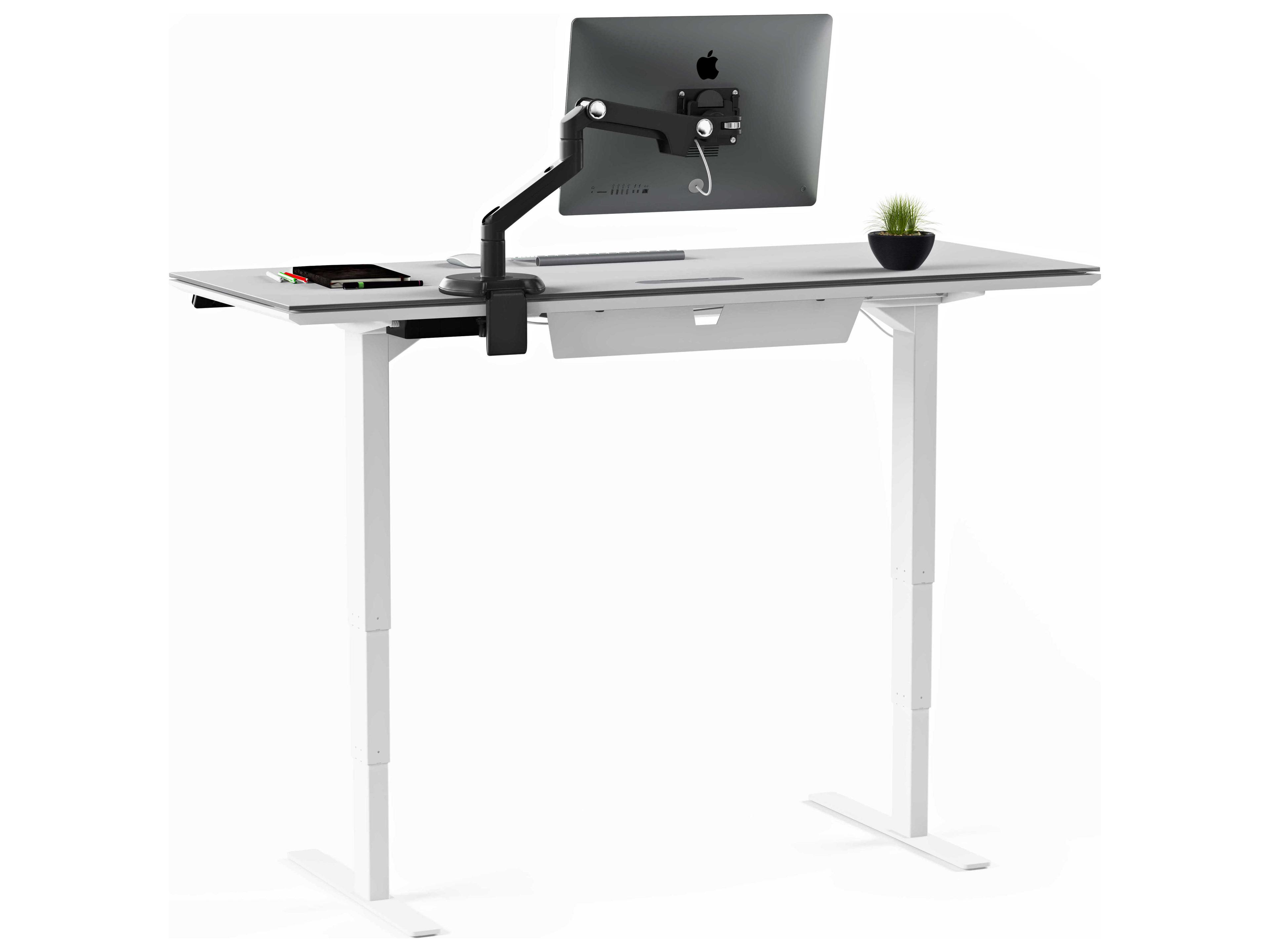 BDI Centro Height Adjustable & Standing Satin White Grey Etched Glass Desks