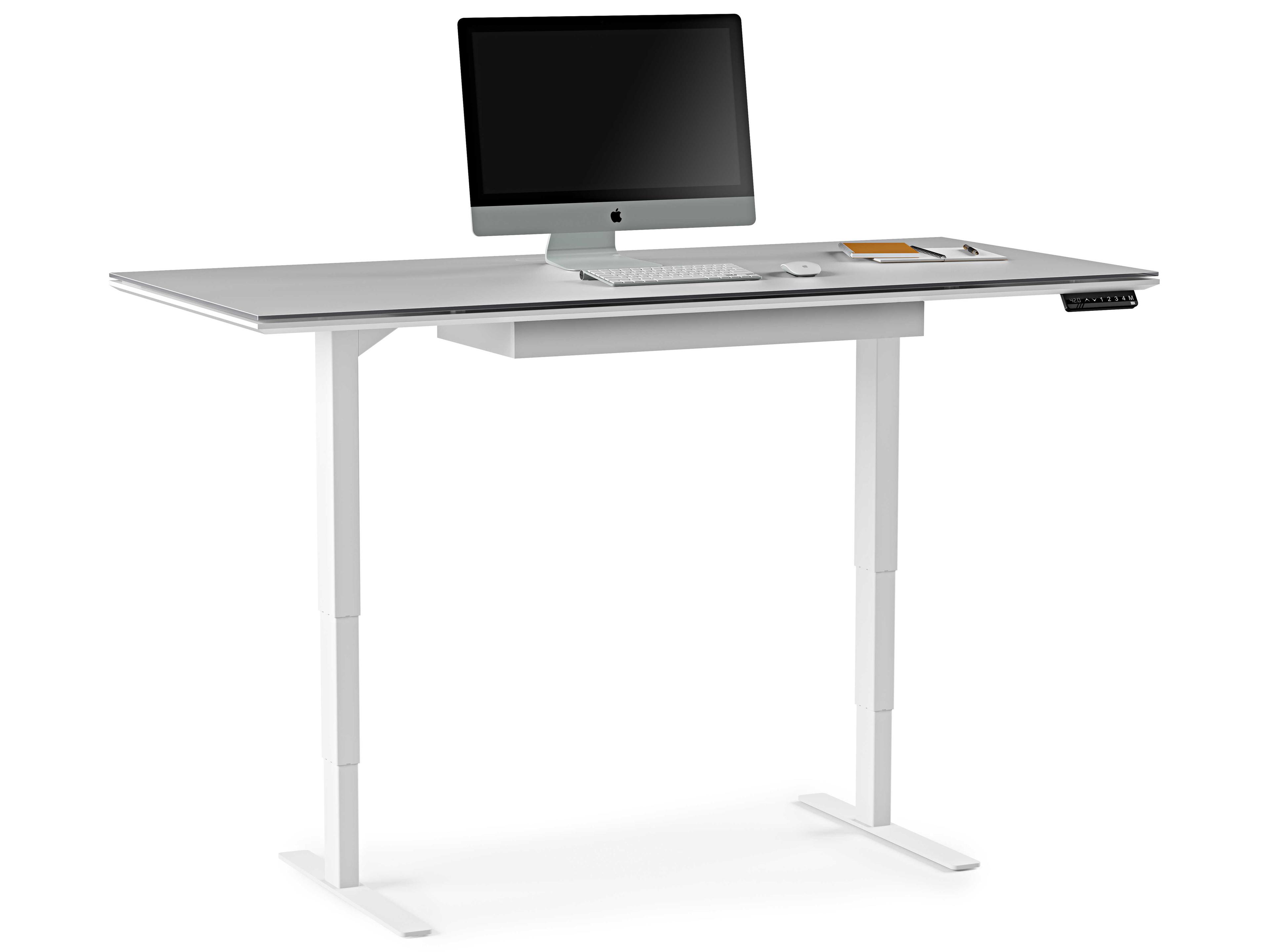 BDI Centro Height Adjustable & Standing Satin White Grey Etched Glass Desks