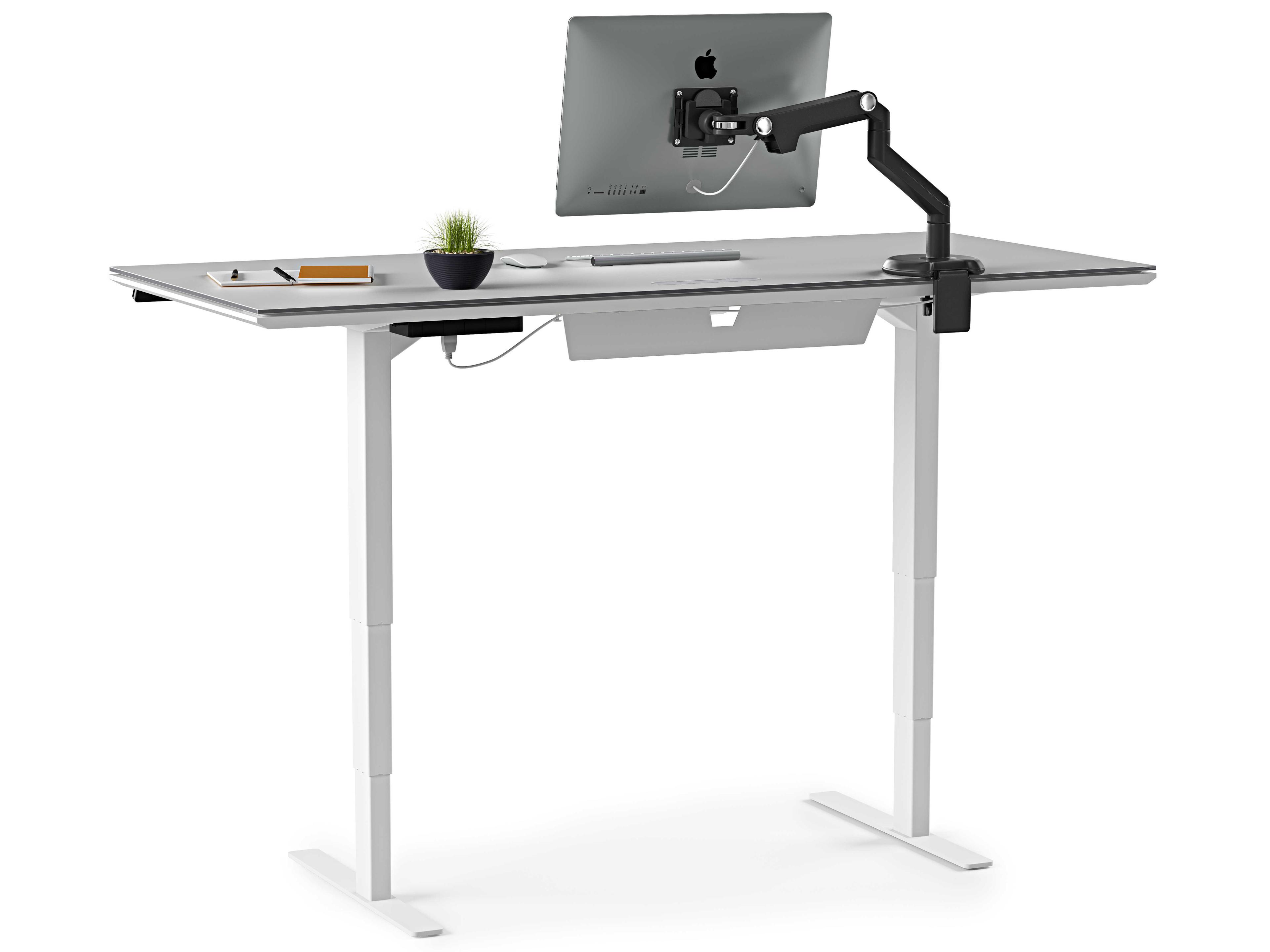 BDI Centro Height Adjustable & Standing Satin White Grey Etched Glass Desks