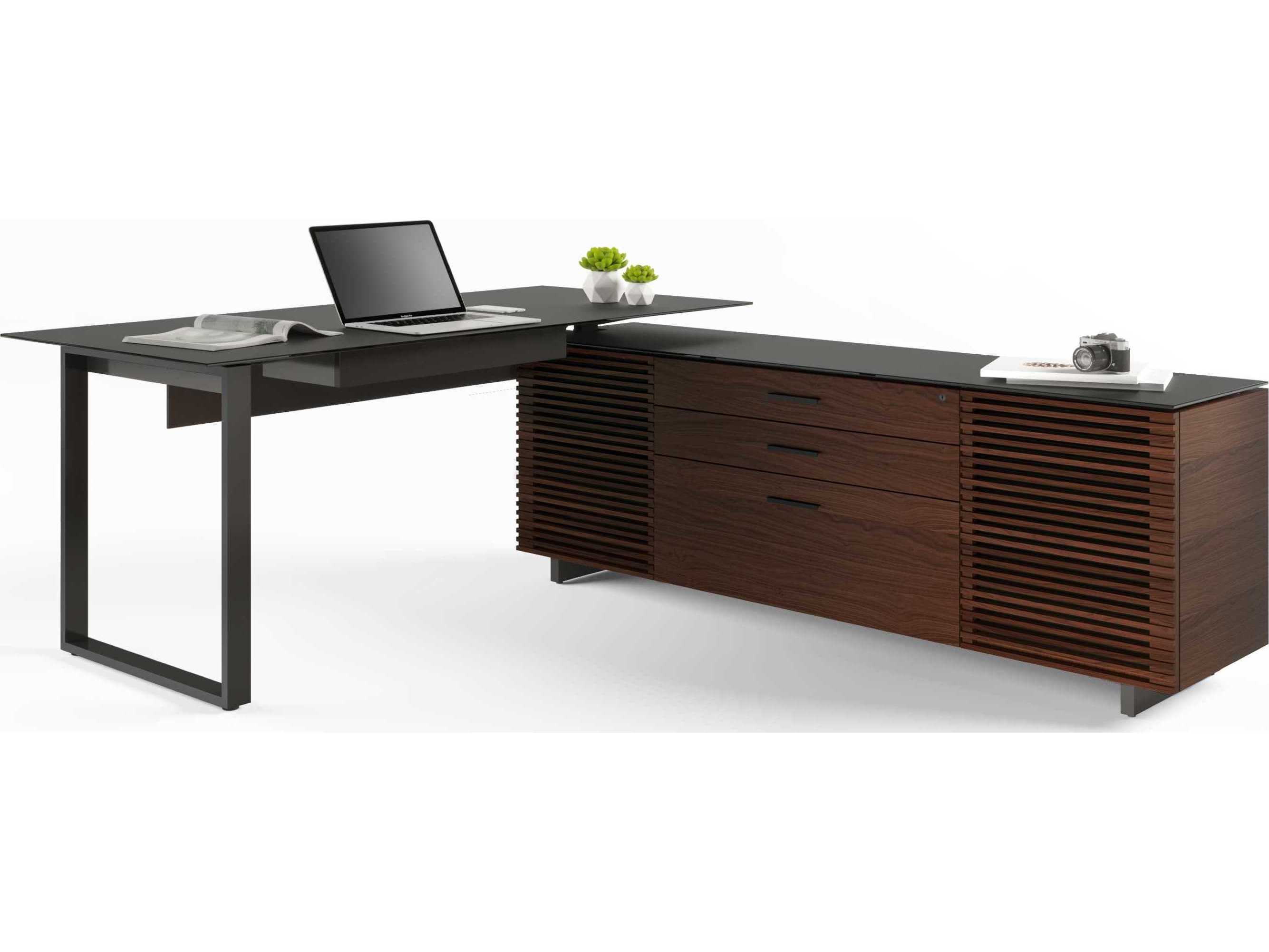 BDI Corridor Chocolate Stained Walnut Black Wood L-Shaped Desk