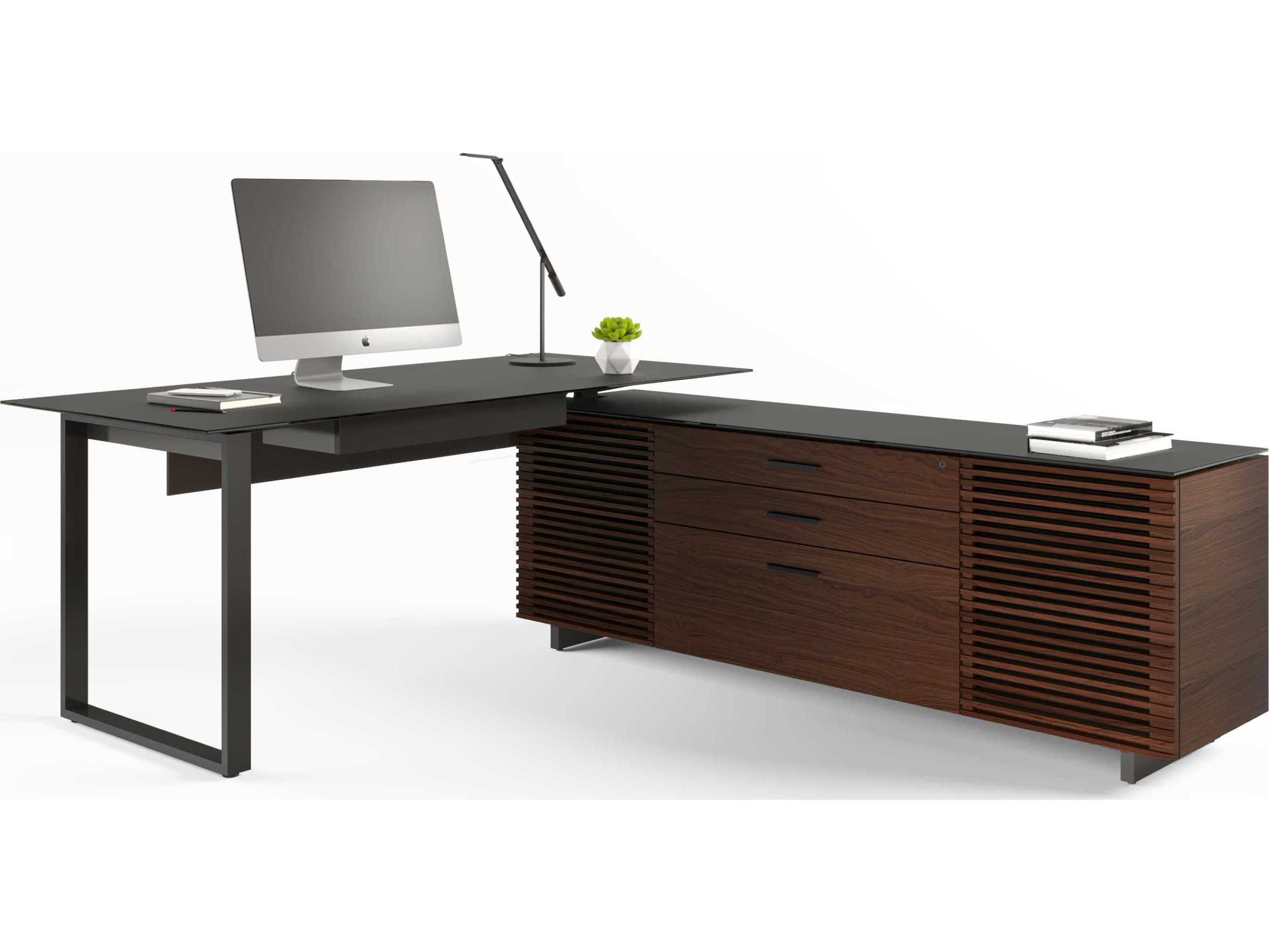 BDI Corridor Chocolate Stained Walnut Black Wood L-Shaped Desk