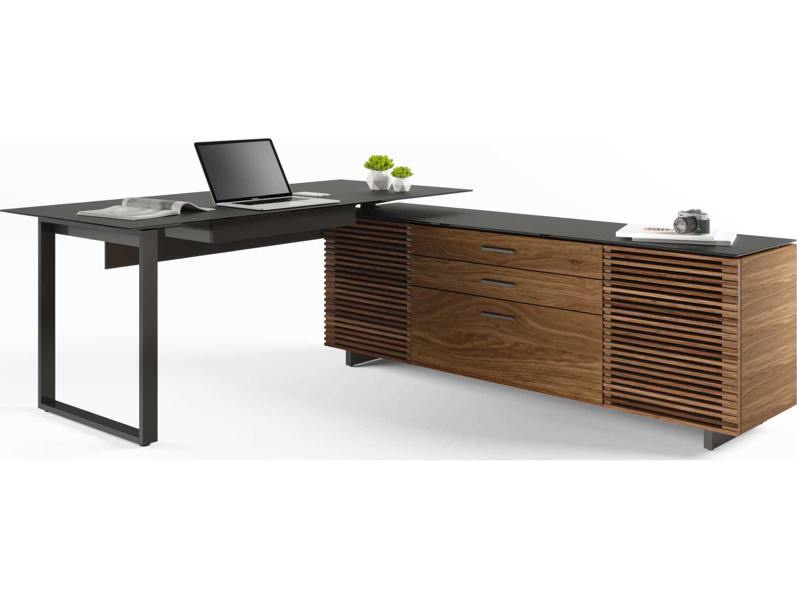BDI Corridor Natural Walnut Blue Wood L-Shaped Desk