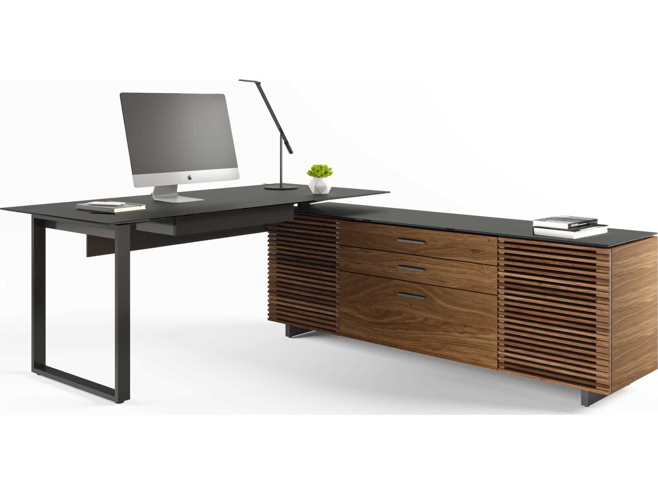 BDI Corridor Natural Walnut Blue Wood L-Shaped Desk